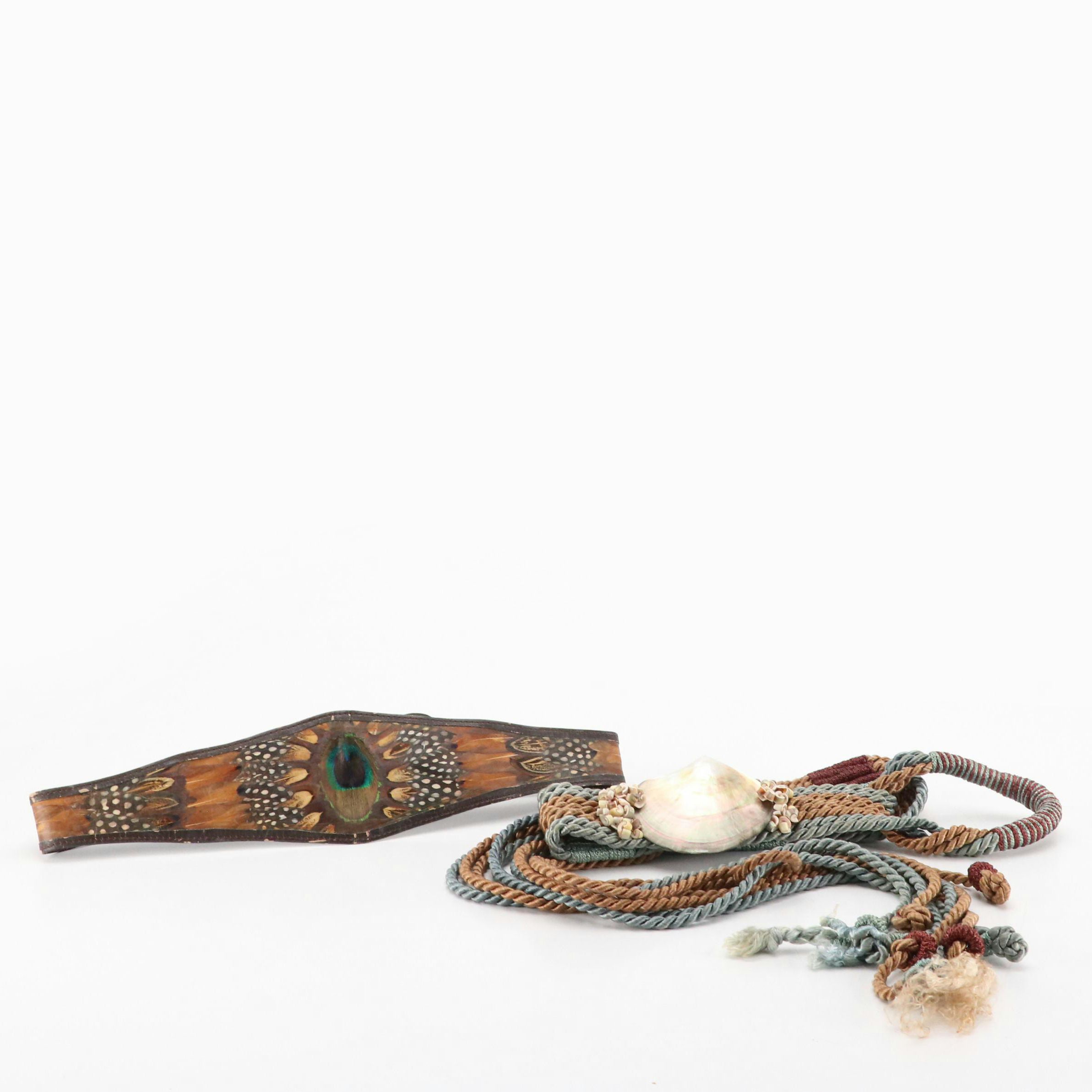 Peacock Feather Faux Leather Belt and Twisted Cord Belt with Shell Accent