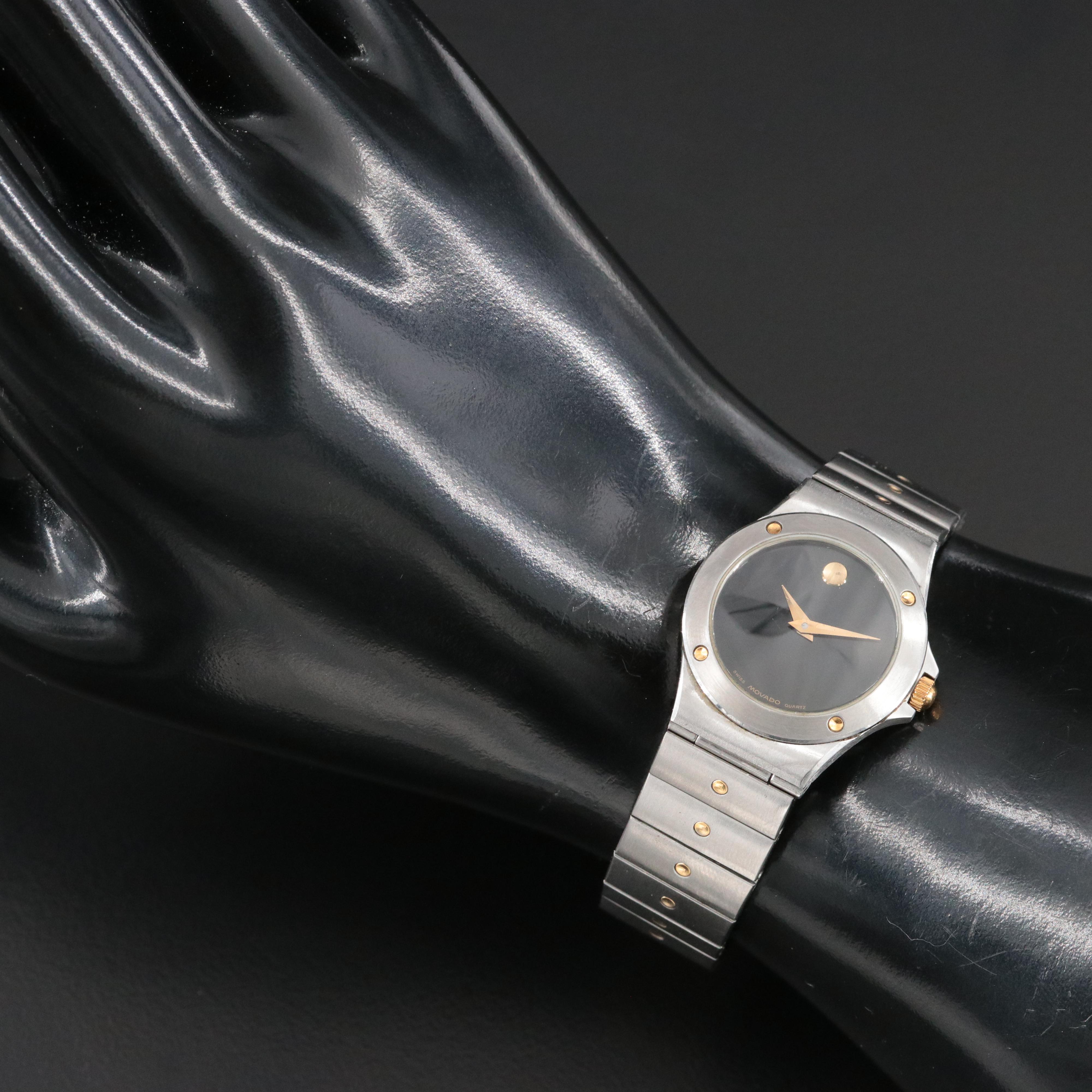 Stainless Steel Movado Black Dial Museum Gold Accents Quartz Watch