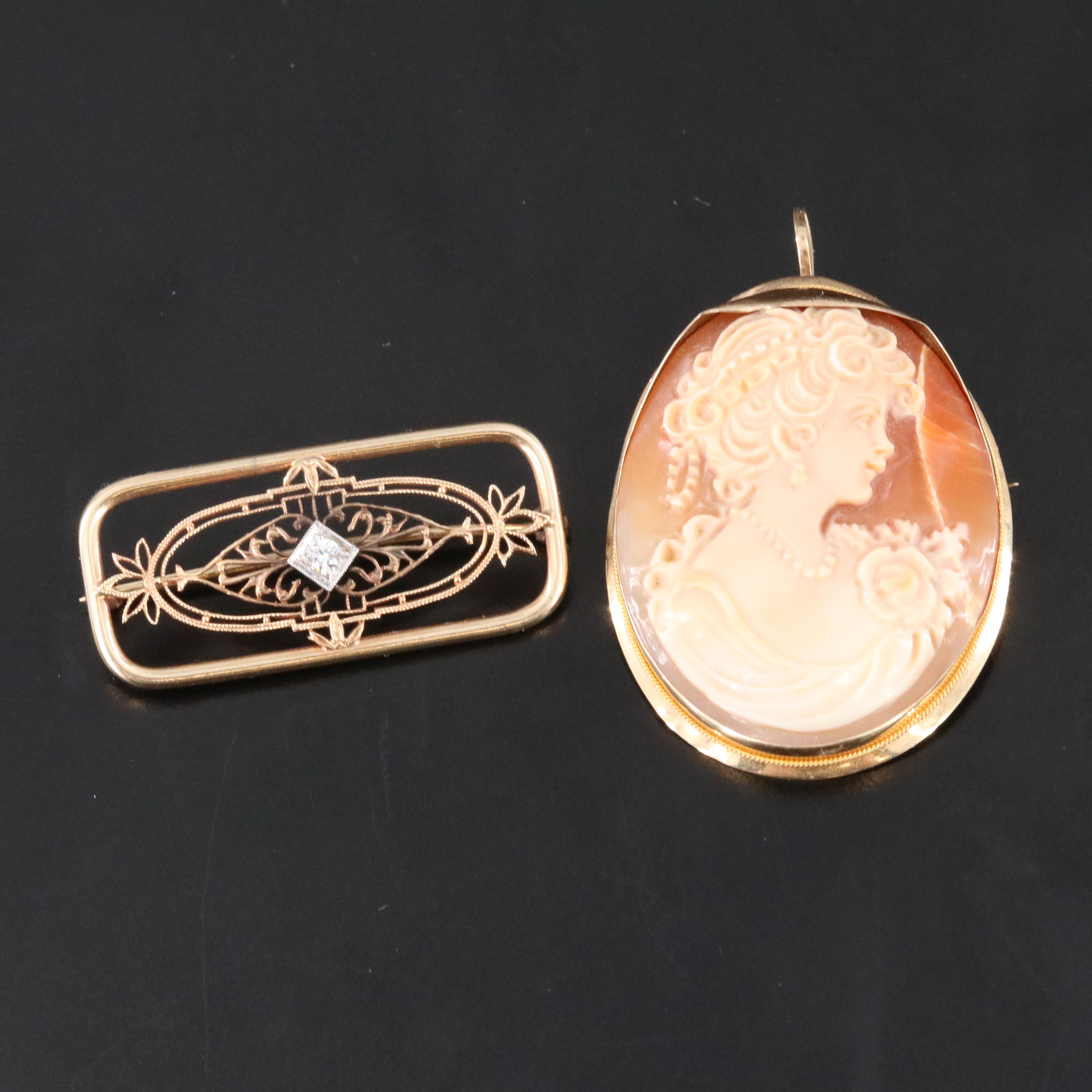 Vintage 14K Diamond and Italian Signed Shell Cameo Converter Brooch