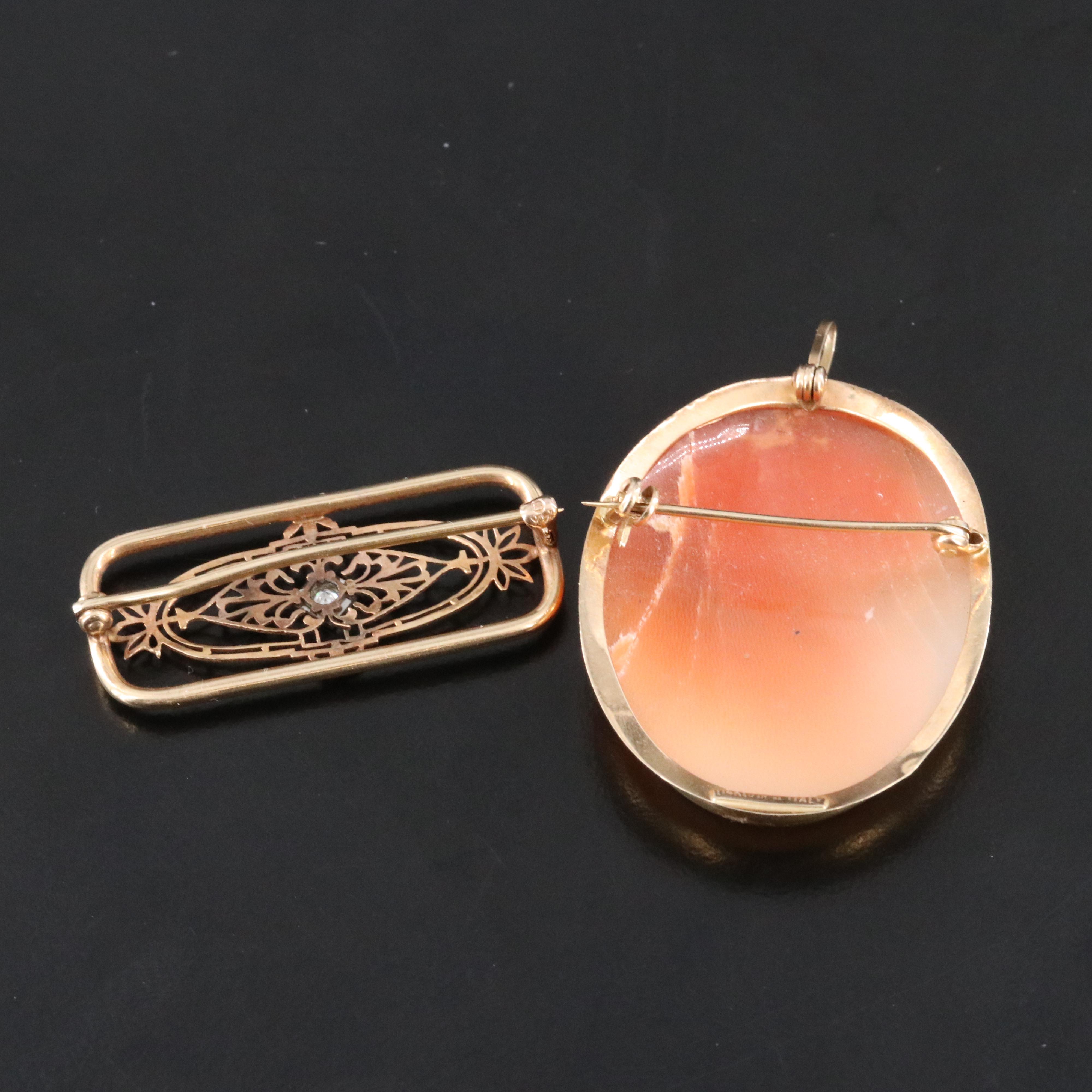 Vintage 14K Diamond and Italian Signed Shell Cameo Converter Brooch