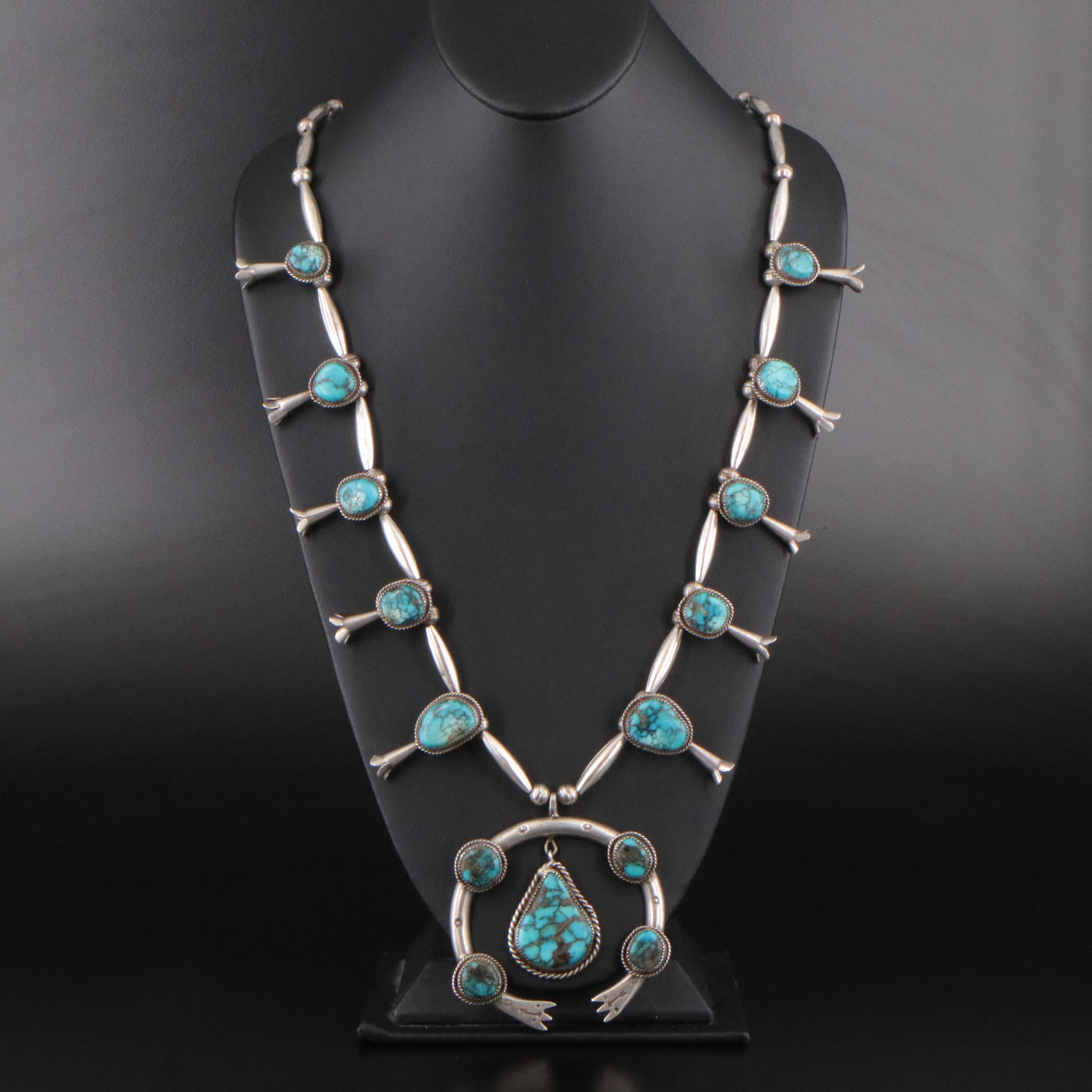 Southwestern Sterling Turquoise Squash Blossom Necklace
