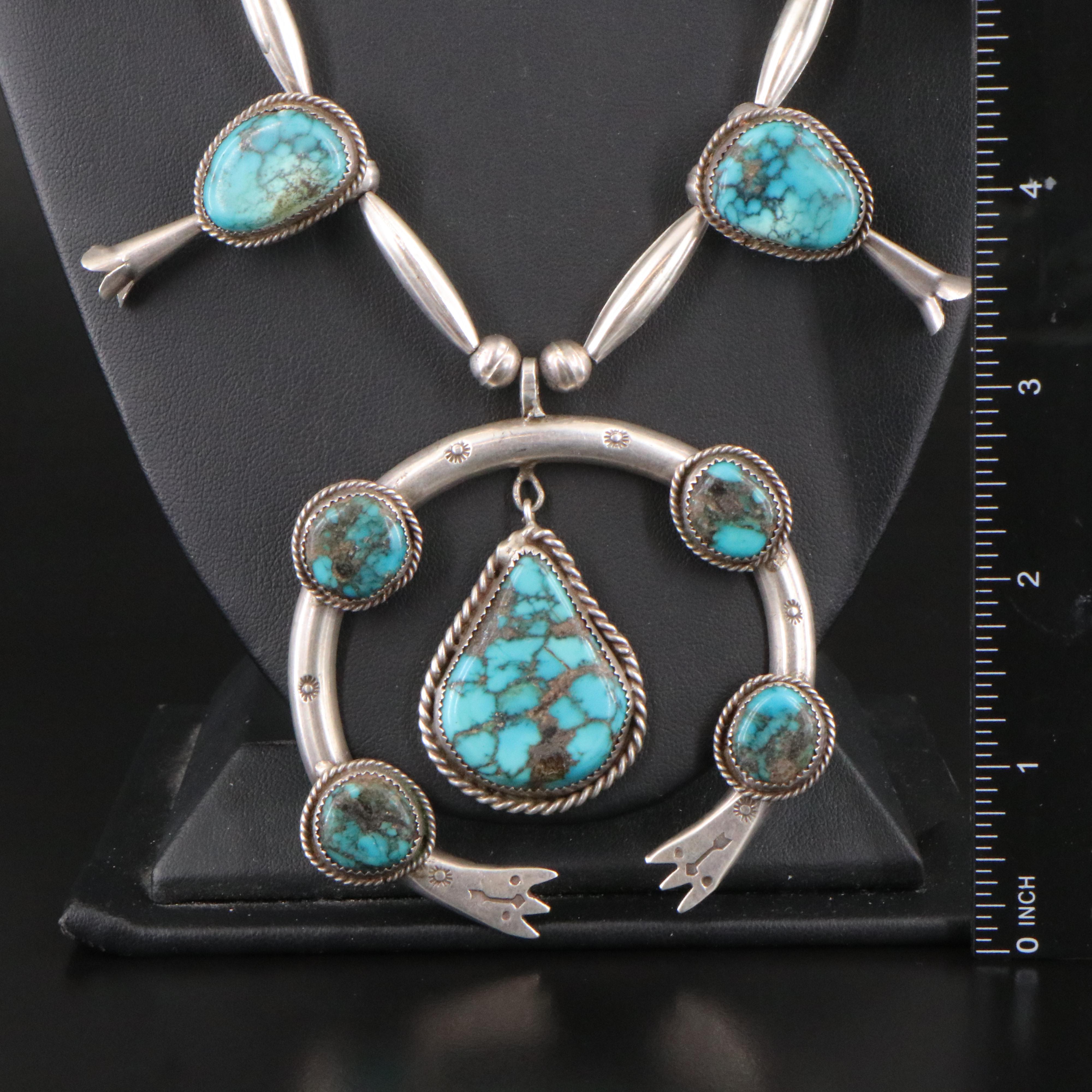 Southwestern Sterling Turquoise Squash Blossom Necklace