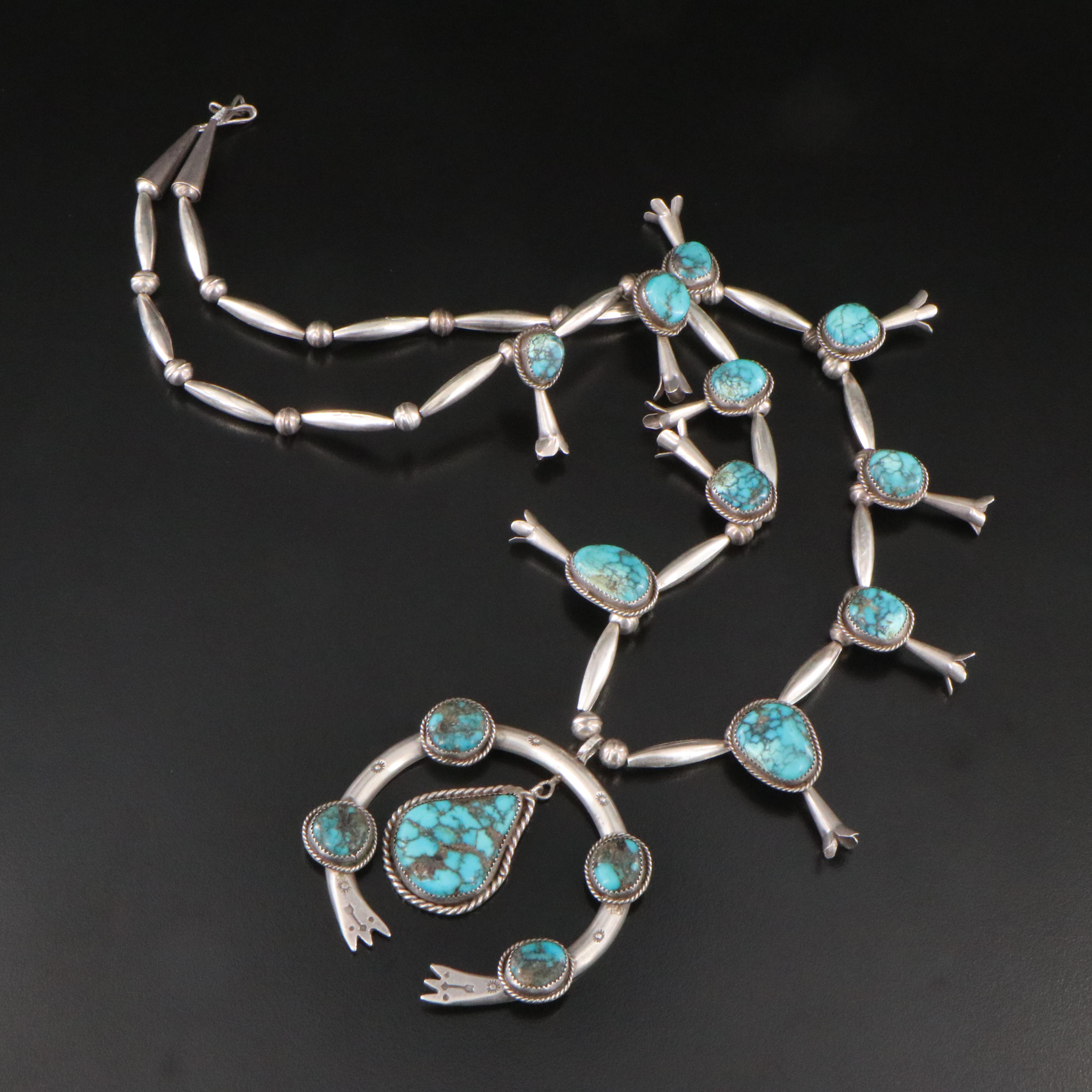 Southwestern Sterling Turquoise Squash Blossom Necklace