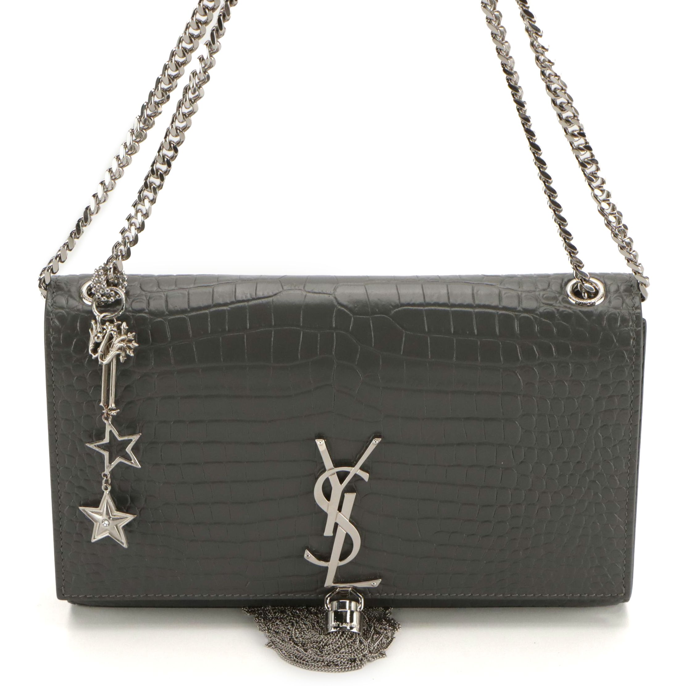 Saint Laurent Grey Croc-Embossed Leather Medium Classic YSL Monogram Tassel Bag