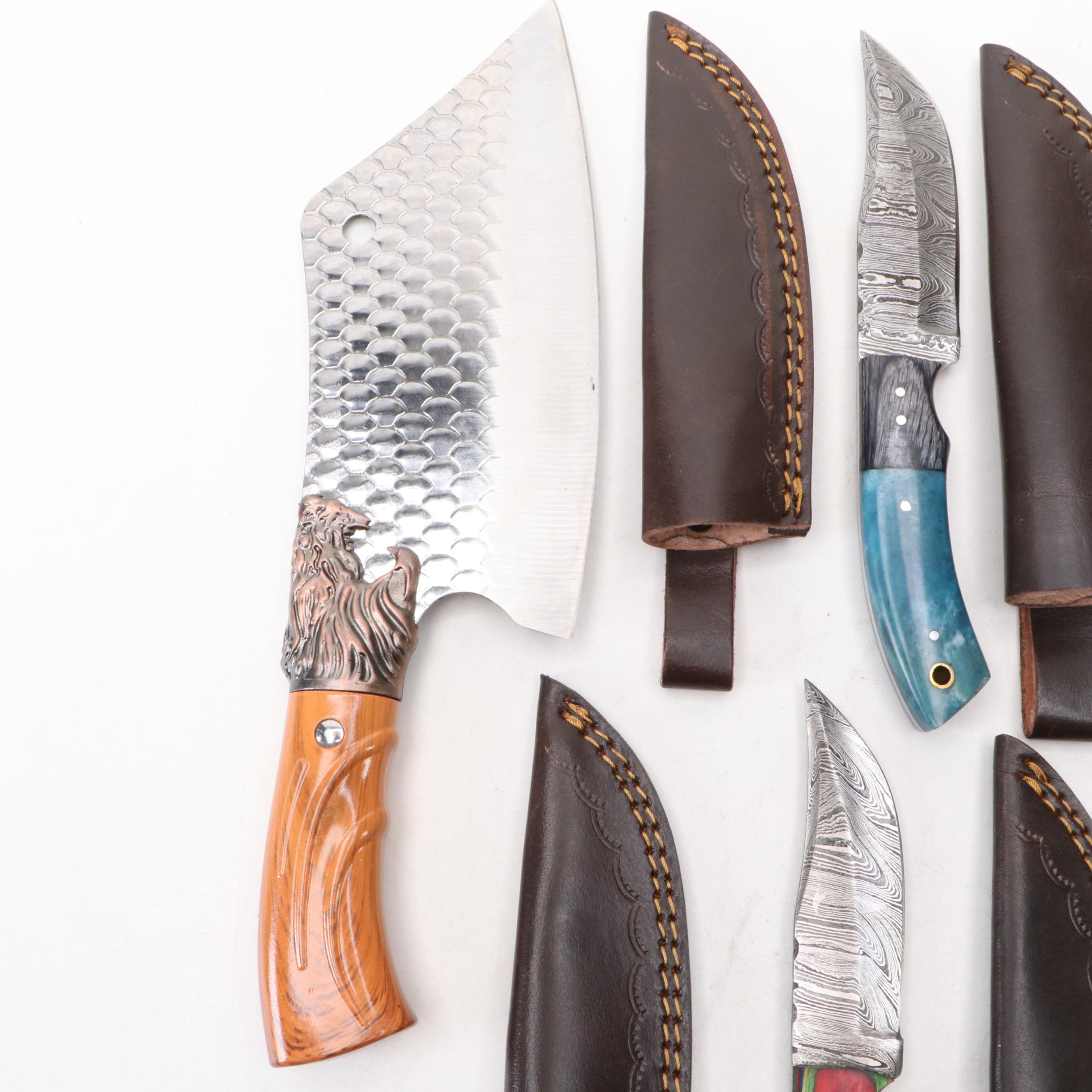 Damascus Steel and Wooden Handled Hunting Knives with Cleaver