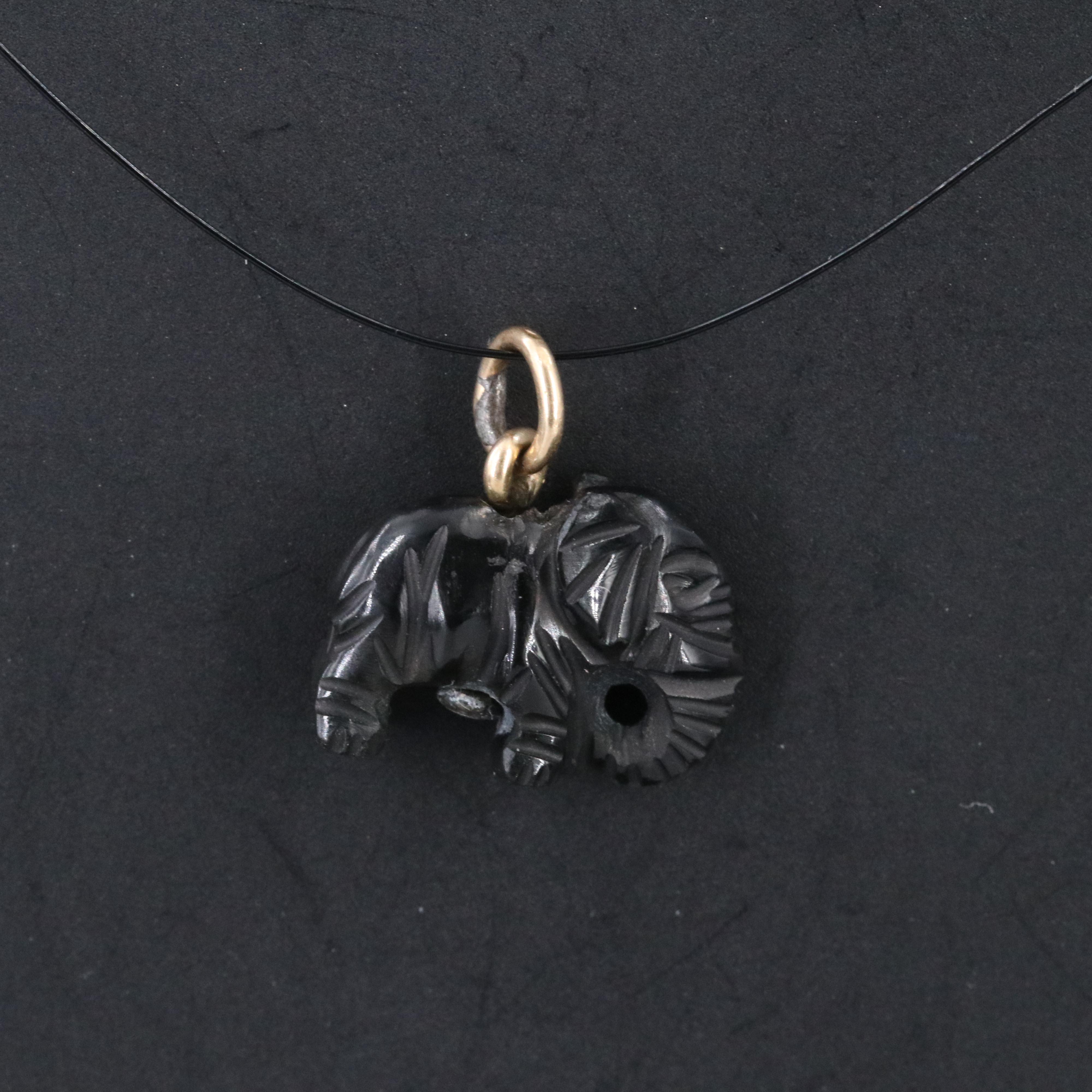 10K Black Onyx Carved Elephant Pendant
