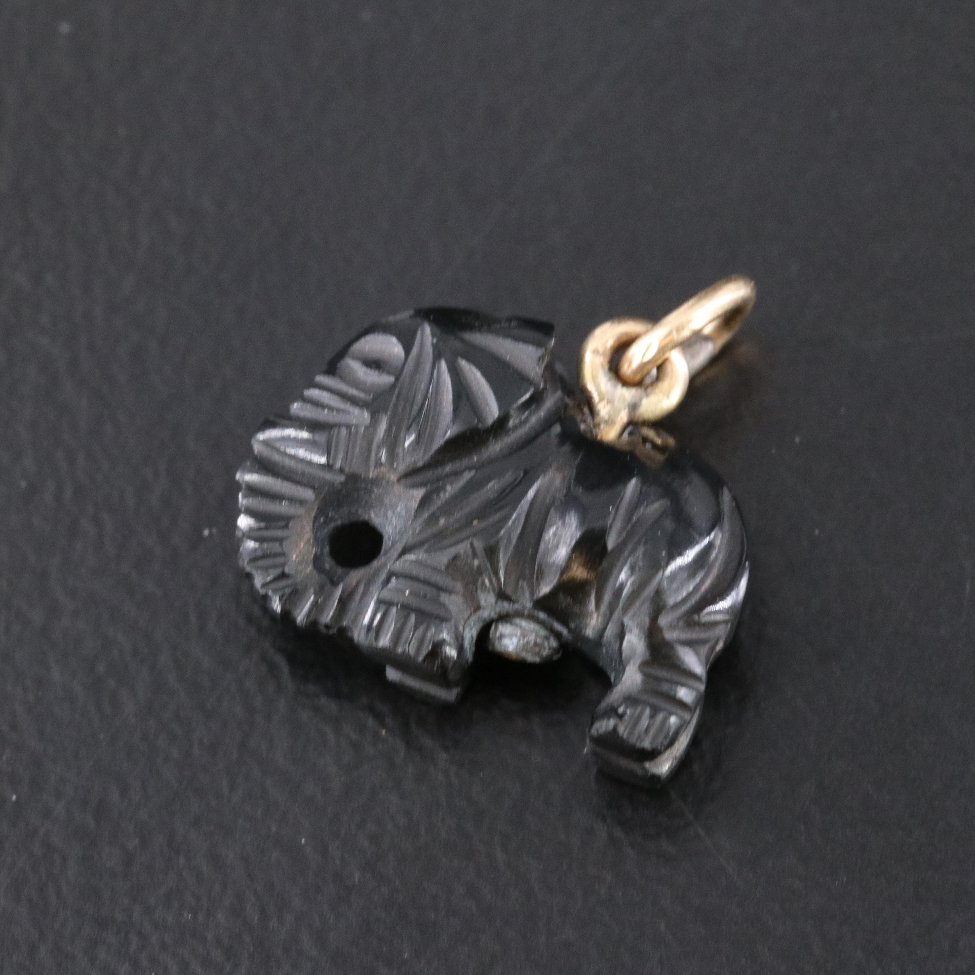 10K Black Onyx Carved Elephant Pendant