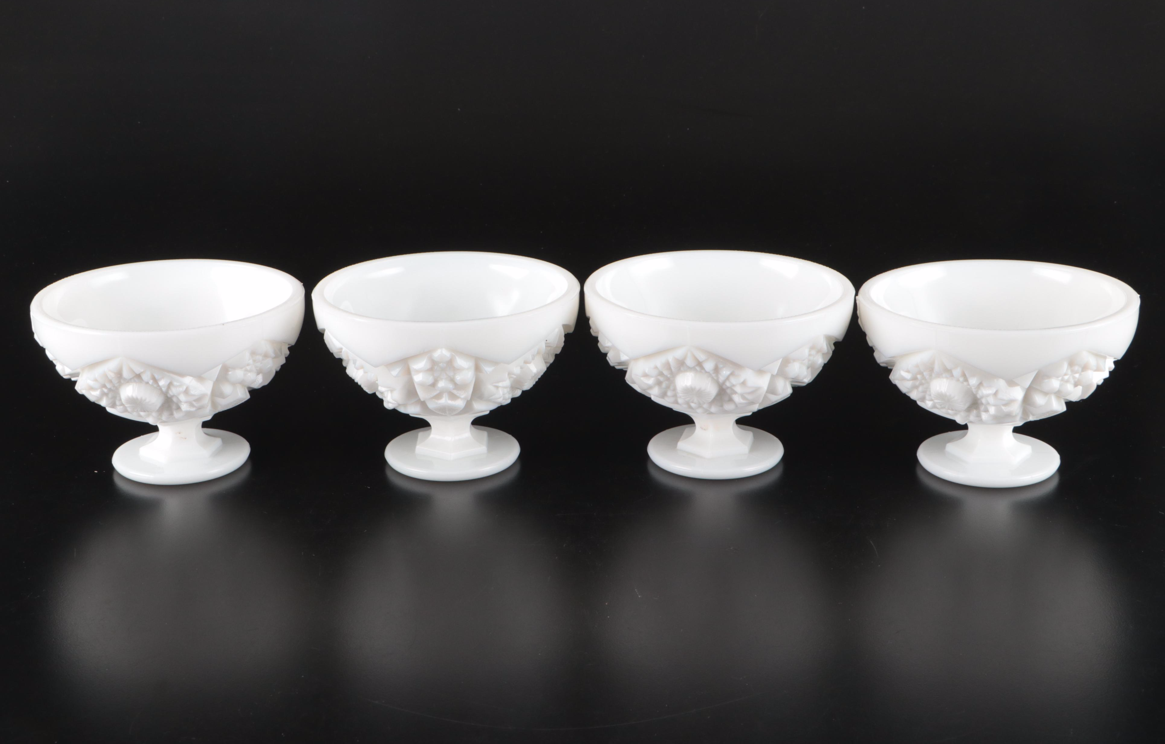 Kemple Milk Glass "Hobstar and Fan" Low Sherbets, Mid to Late 20th Century