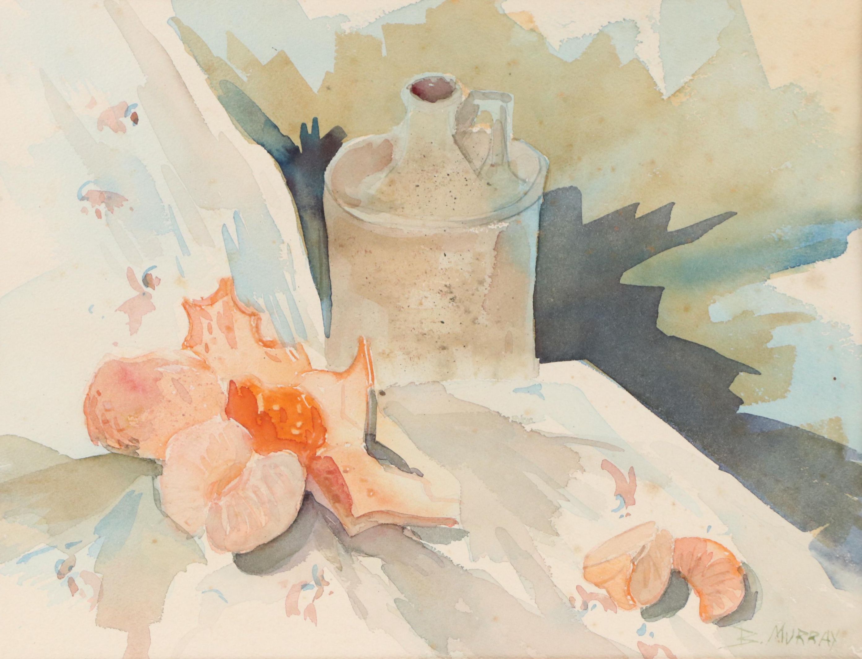 B. Murray Still Life Watercolor Painting with Oranges and Jug