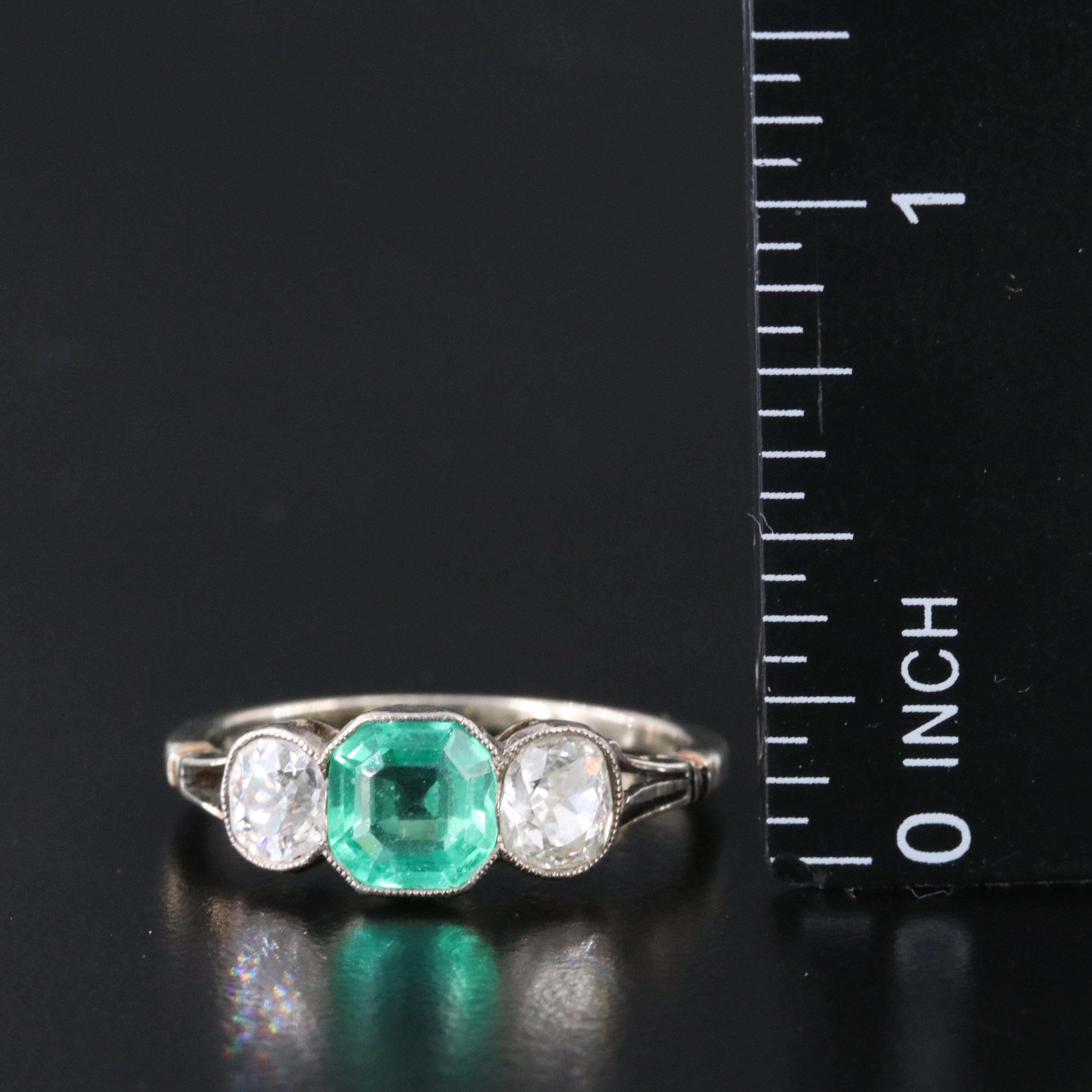 Early 1900's 14K, 10K, 1.05 CT Emerald and 0.93 CTW Old Mine Cut Diamond Ring
