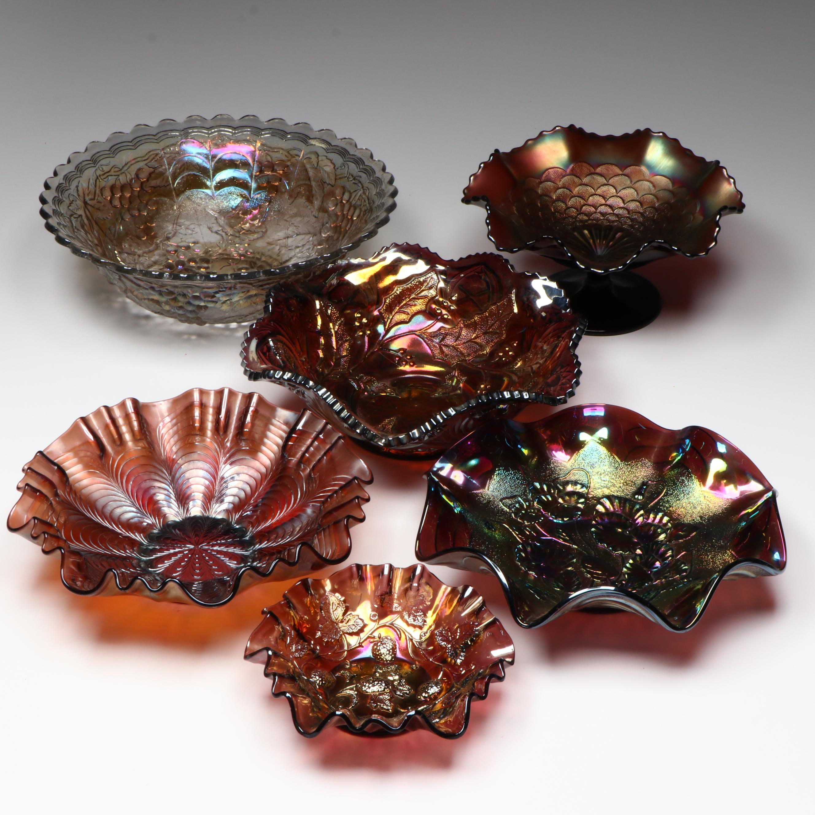 Iridescent Scalloped Carnival Glass Decorative Bowls, Dishes and Compote