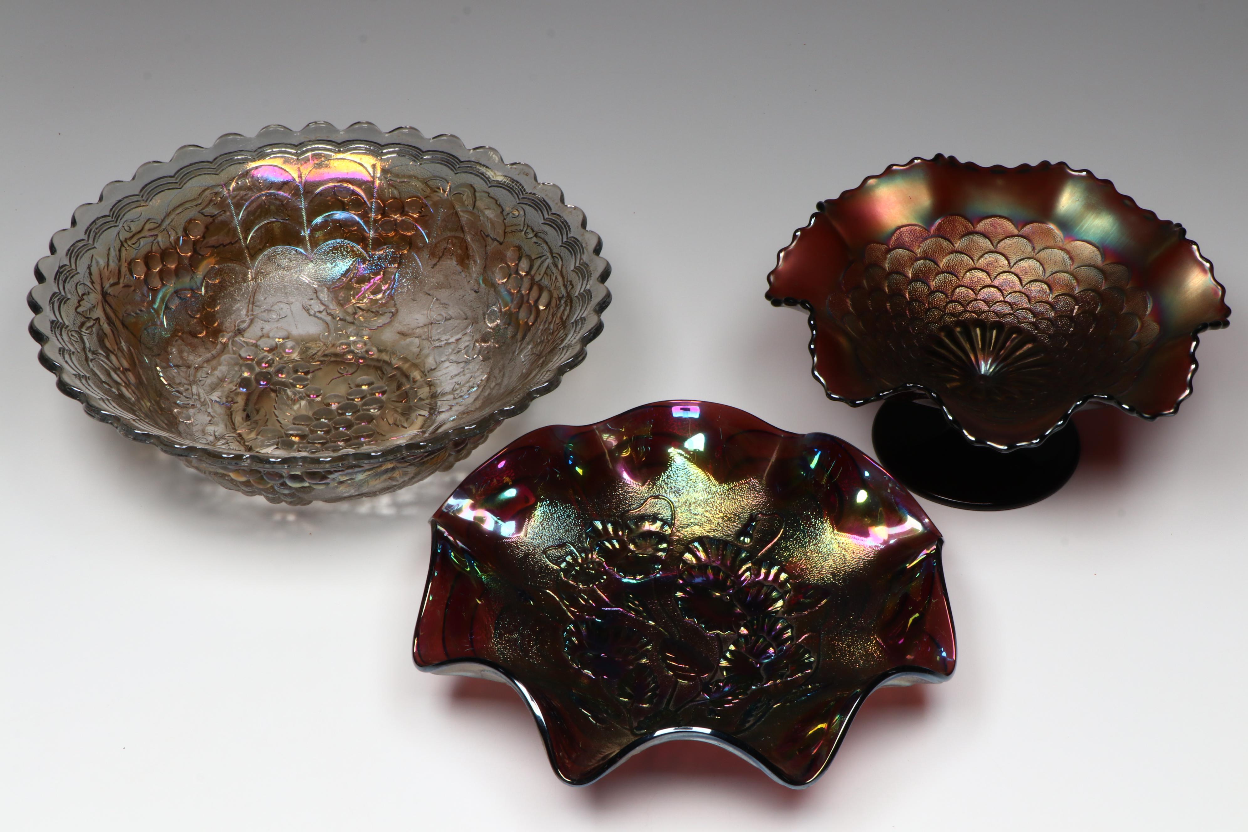 Iridescent Scalloped Carnival Glass Decorative Bowls, Dishes and Compote