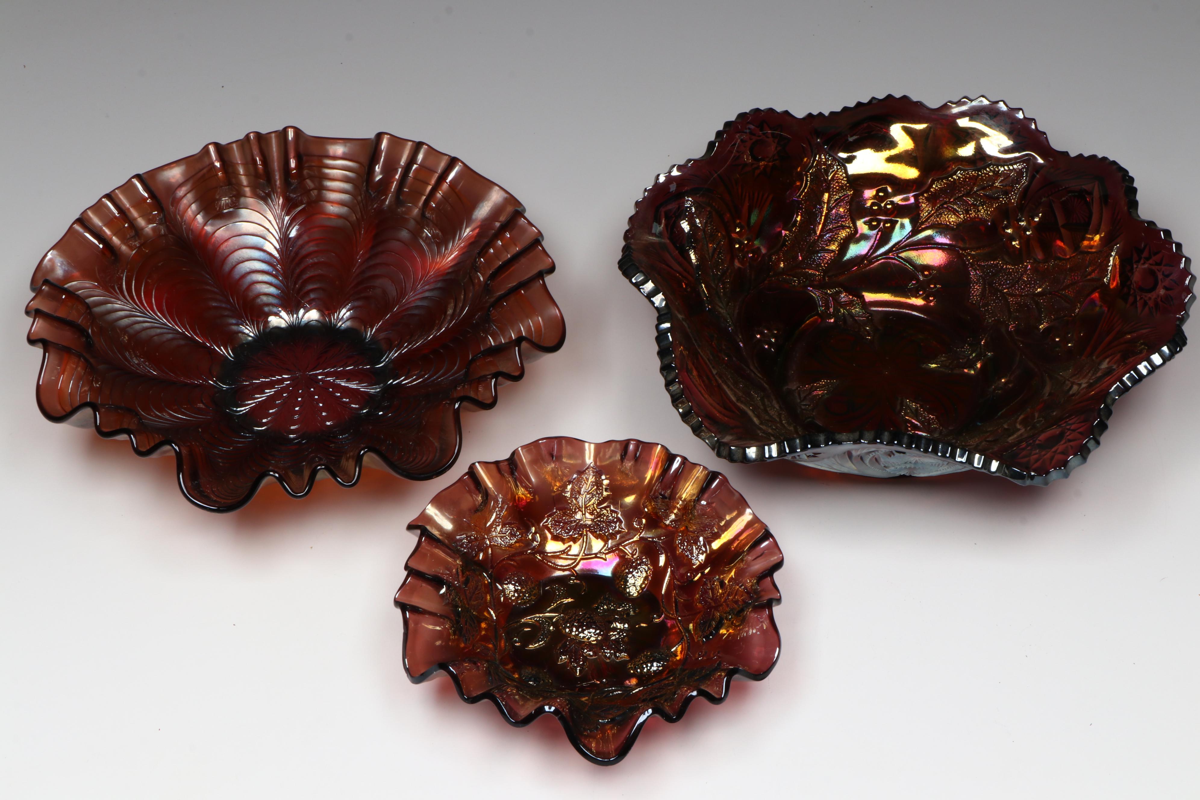 Iridescent Scalloped Carnival Glass Decorative Bowls, Dishes and Compote