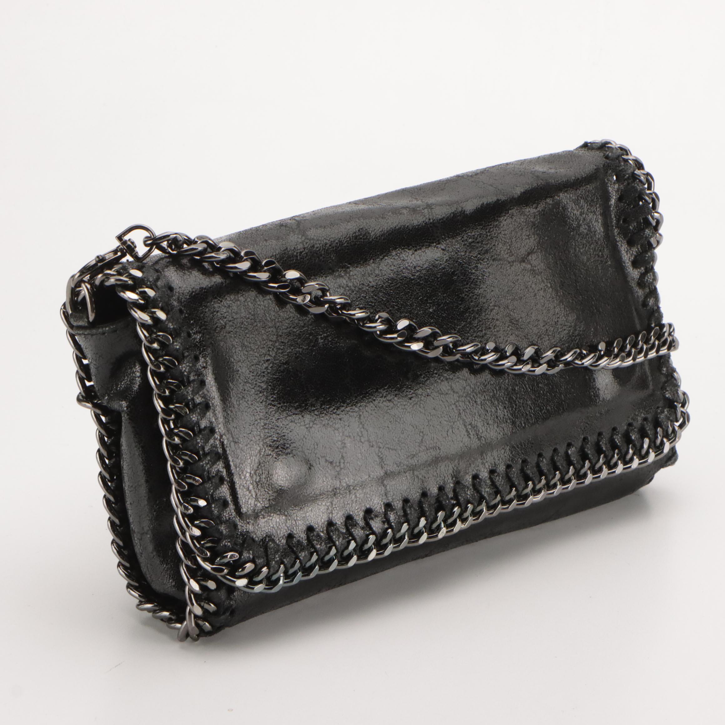 Black Shiny Leather Front-Flap Clutch Crossbody with Detachable Chain-Link Strap