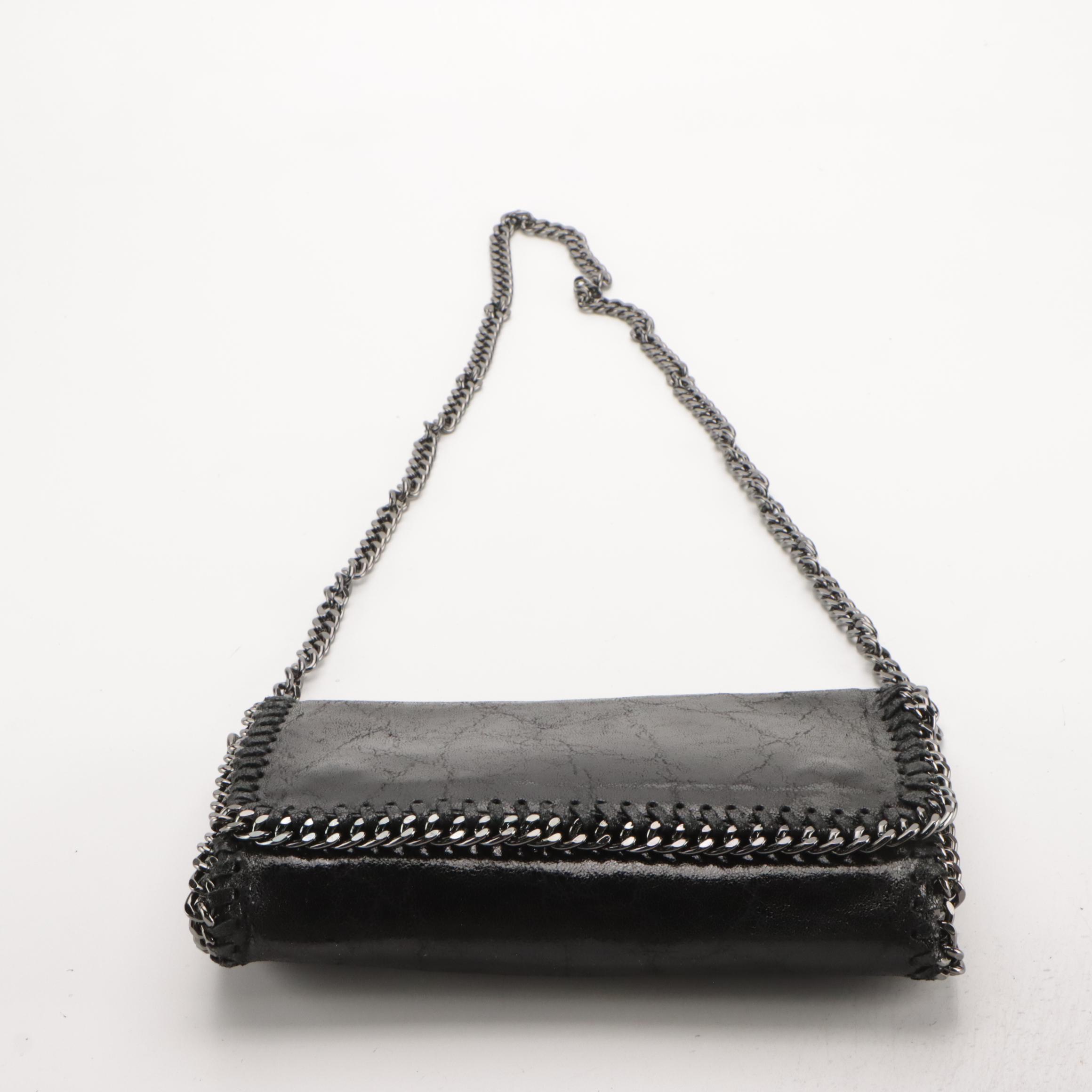 Black Shiny Leather Front-Flap Clutch Crossbody with Detachable Chain-Link Strap