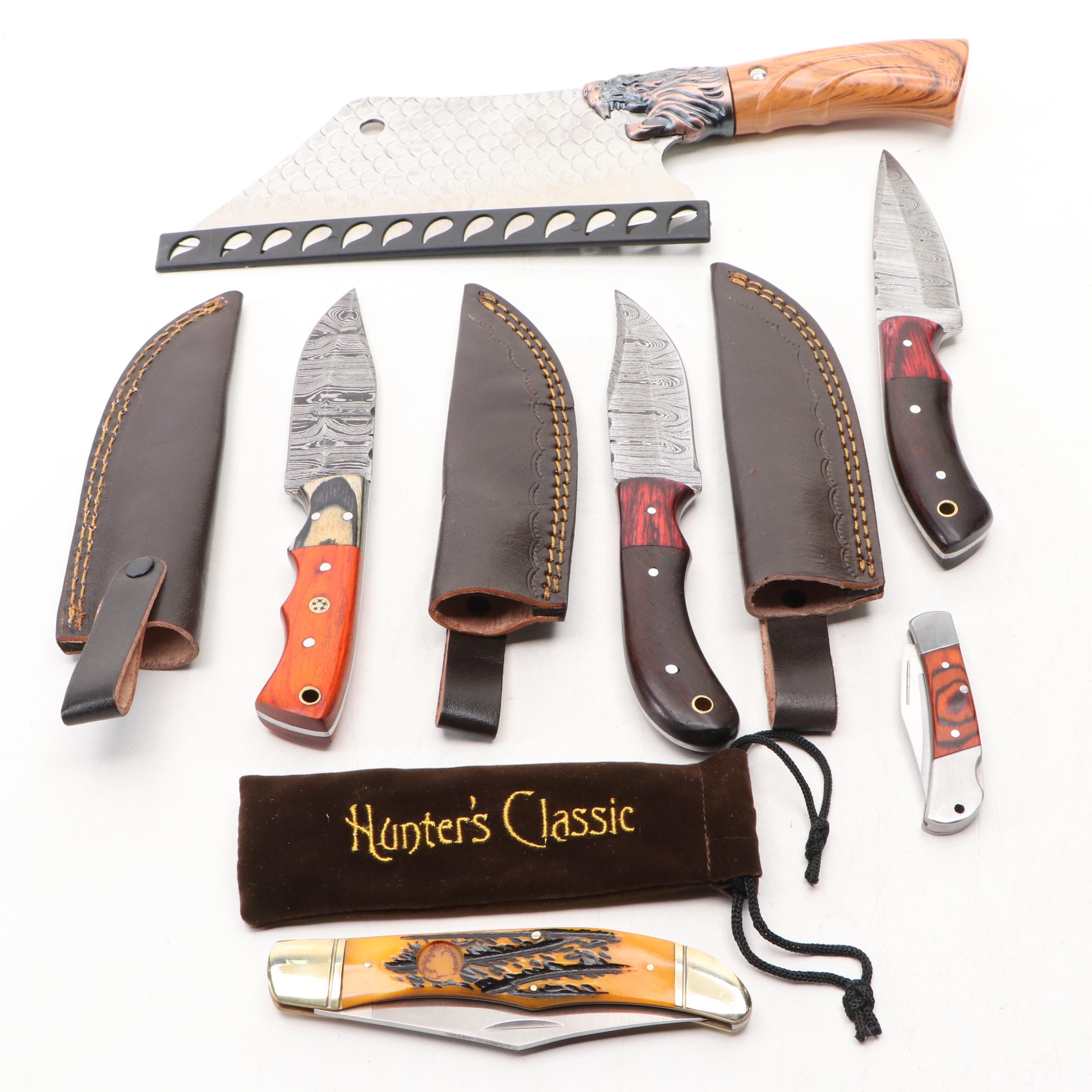 Damascus Steel and Wooden Handled Hunting Knives with Cleaver and Folding Knives
