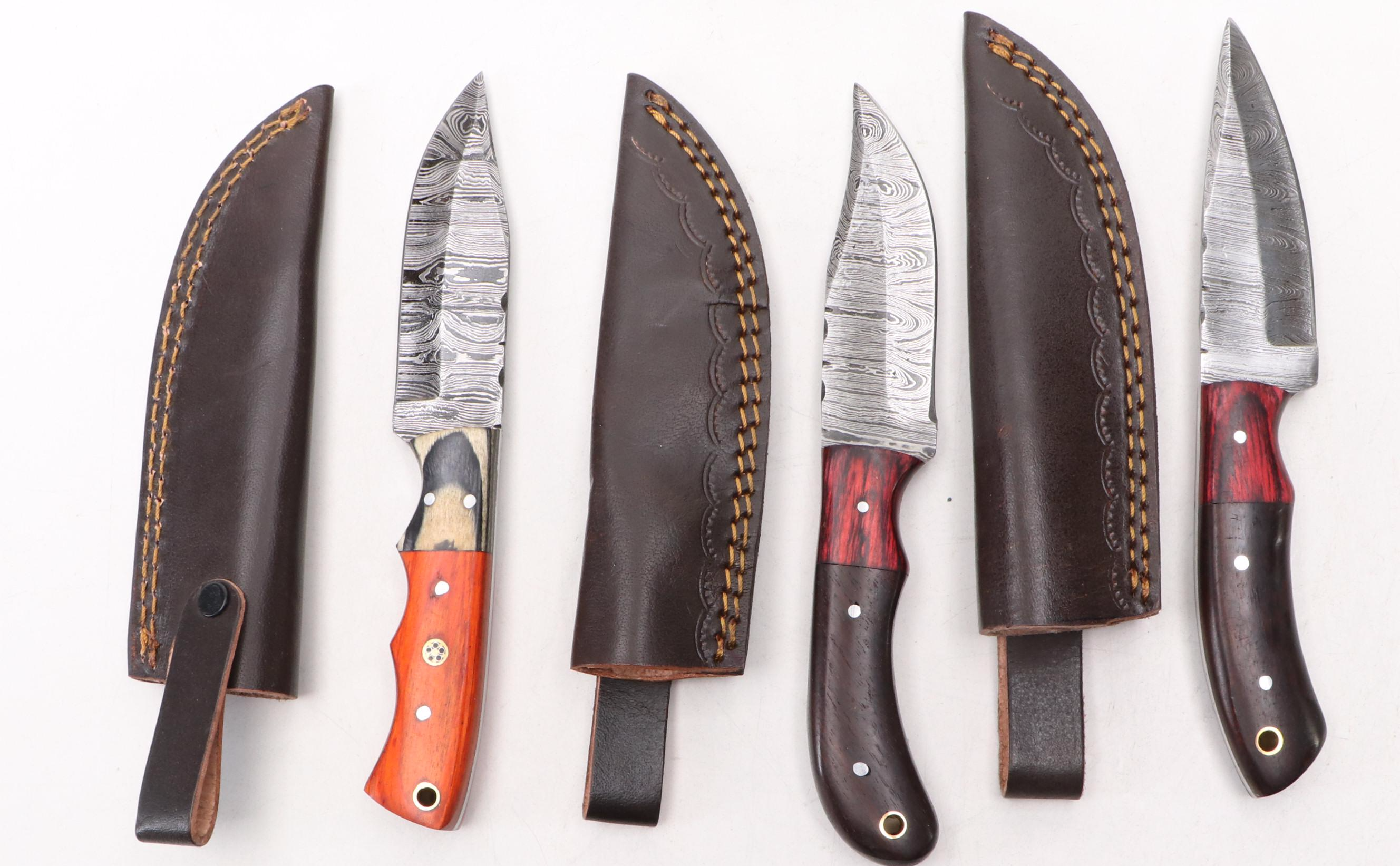 Damascus Steel and Wooden Handled Hunting Knives with Cleaver and Folding Knives