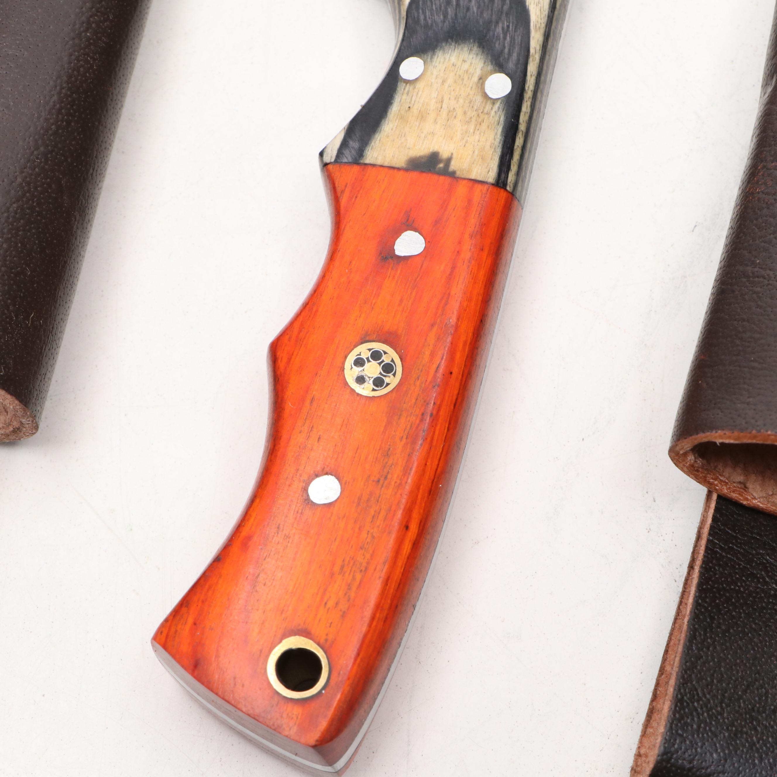 Damascus Steel and Wooden Handled Hunting Knives with Cleaver and Folding Knives