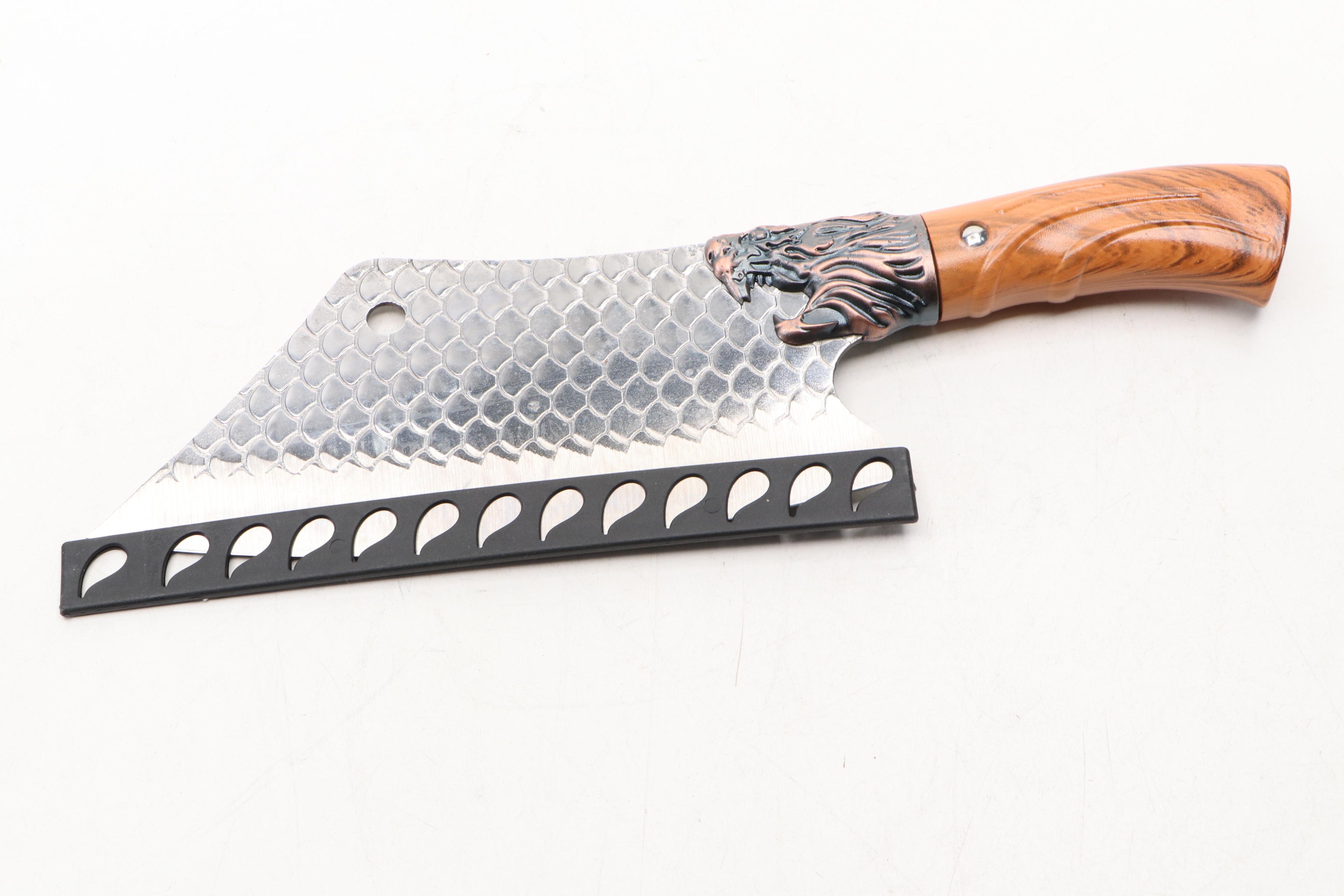 Damascus Steel and Wooden Handled Hunting Knives with Cleaver and Folding Knives