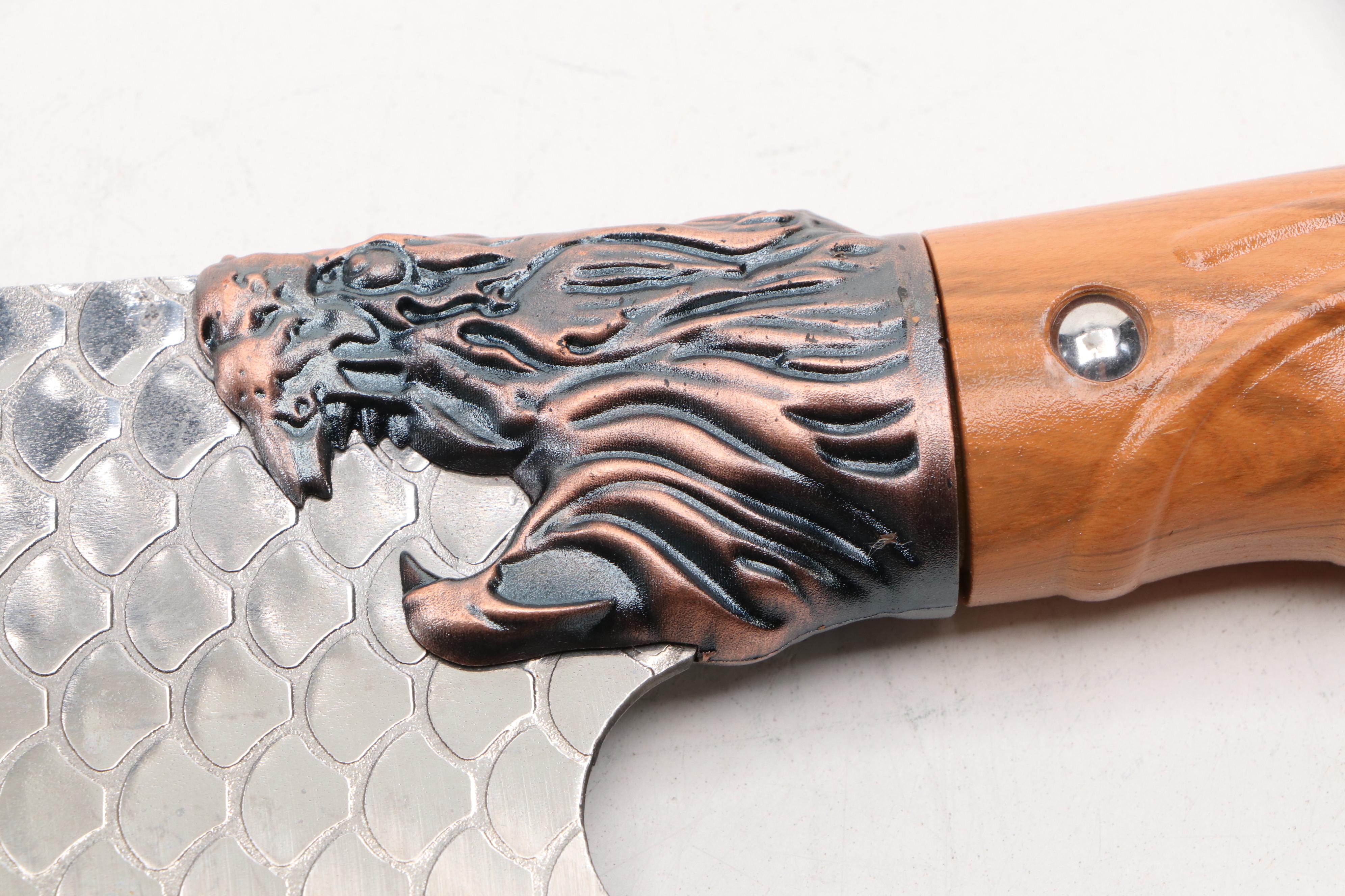 Damascus Steel and Wooden Handled Hunting Knives with Cleaver and Folding Knives