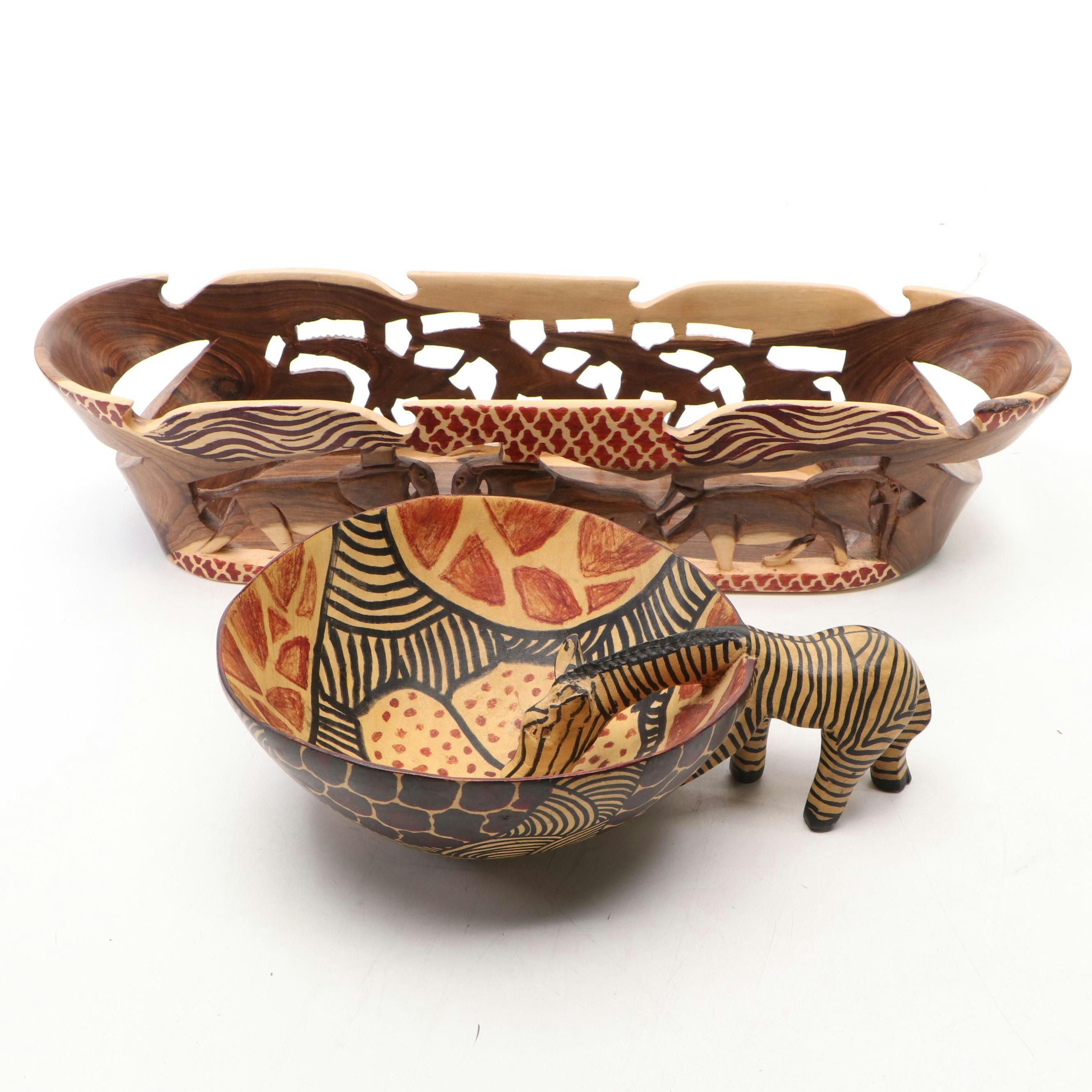 African Carved and Painted Wood Bread Basket and Snack Bowl