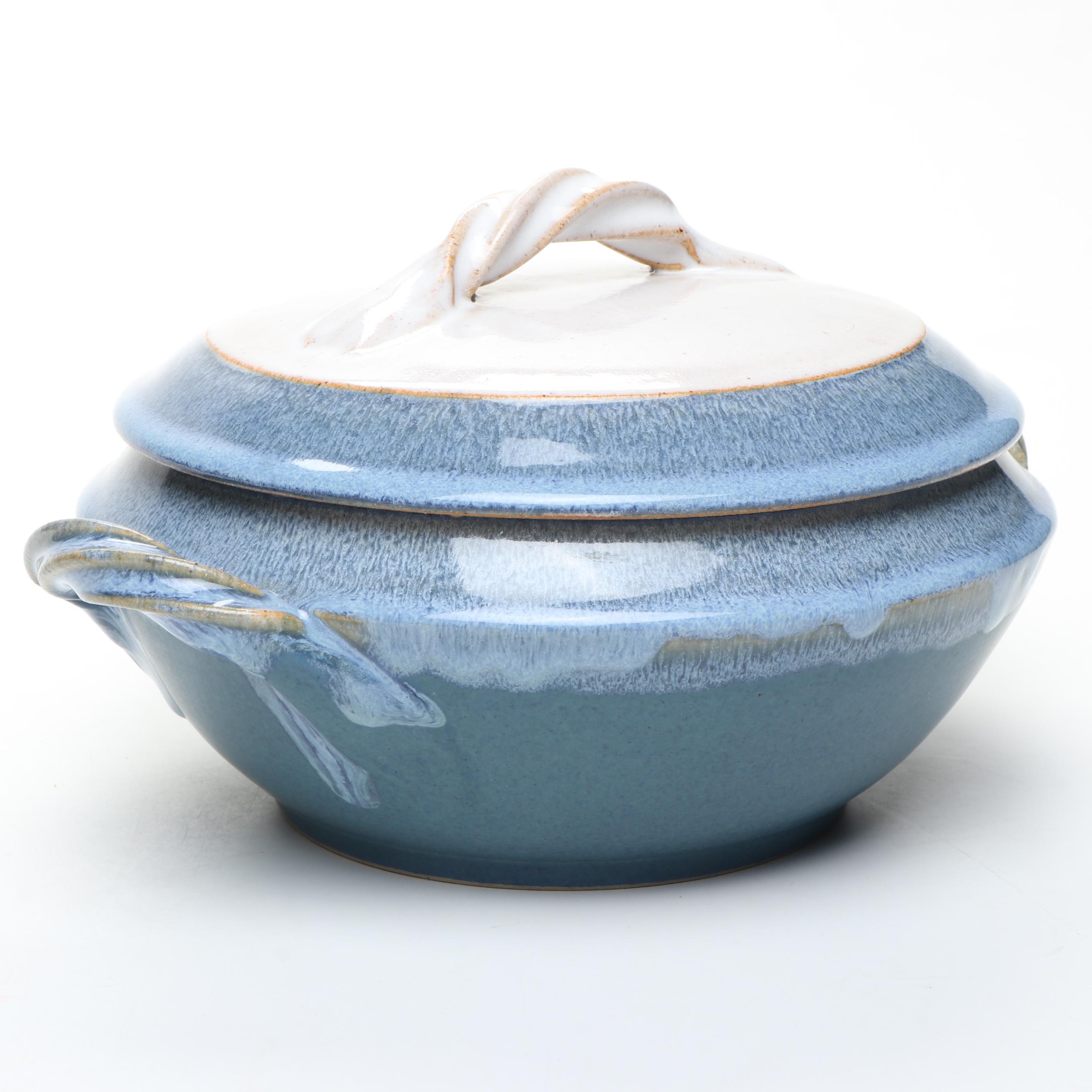 Blue Salt Glazed Stoneware Tureen with Italian Majolica Decorative Bowl