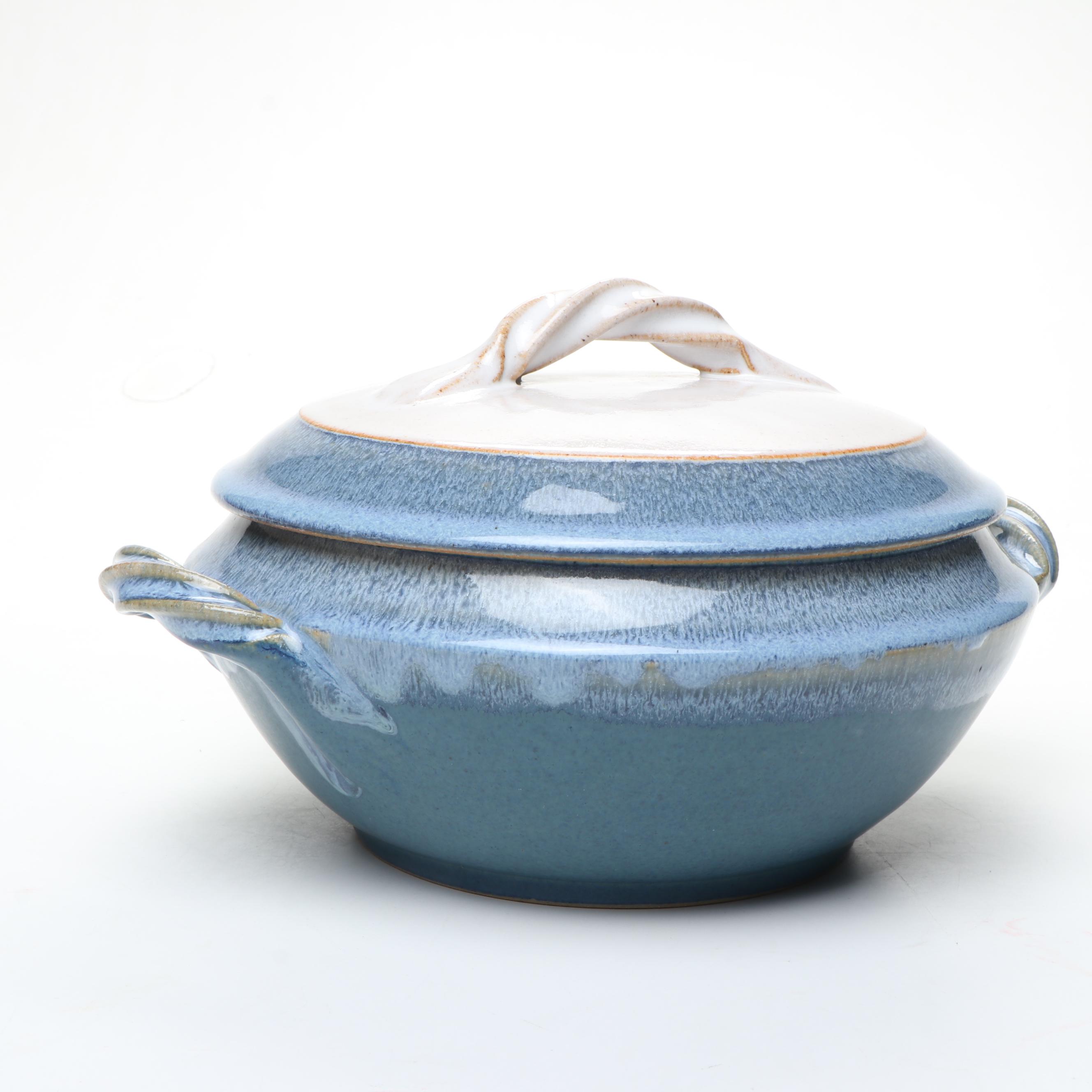 Blue Salt Glazed Stoneware Tureen with Italian Majolica Decorative Bowl