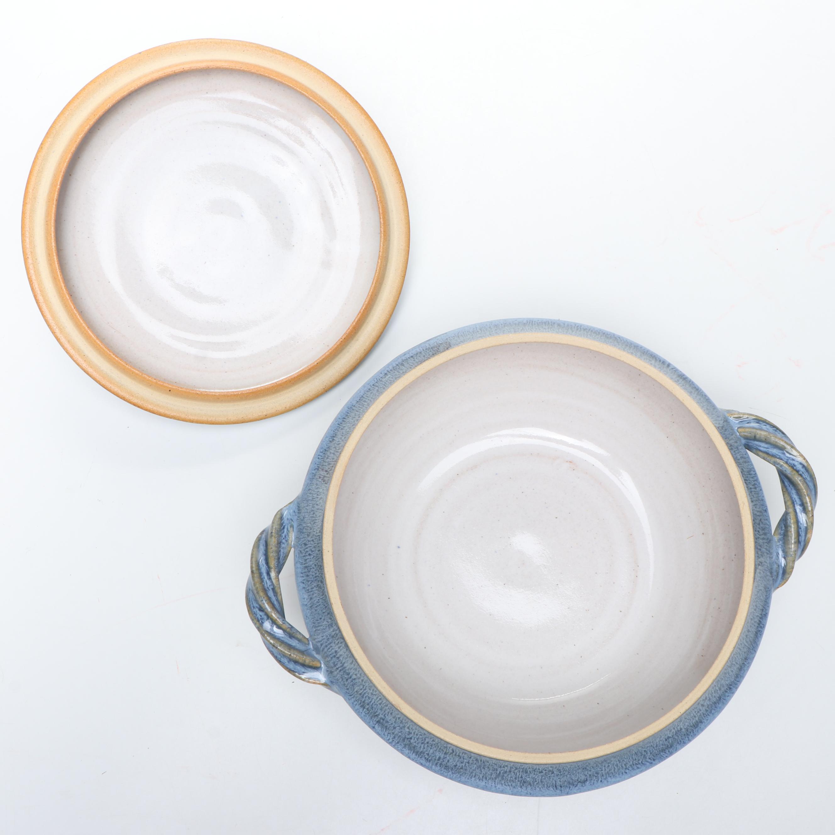 Blue Salt Glazed Stoneware Tureen with Italian Majolica Decorative Bowl