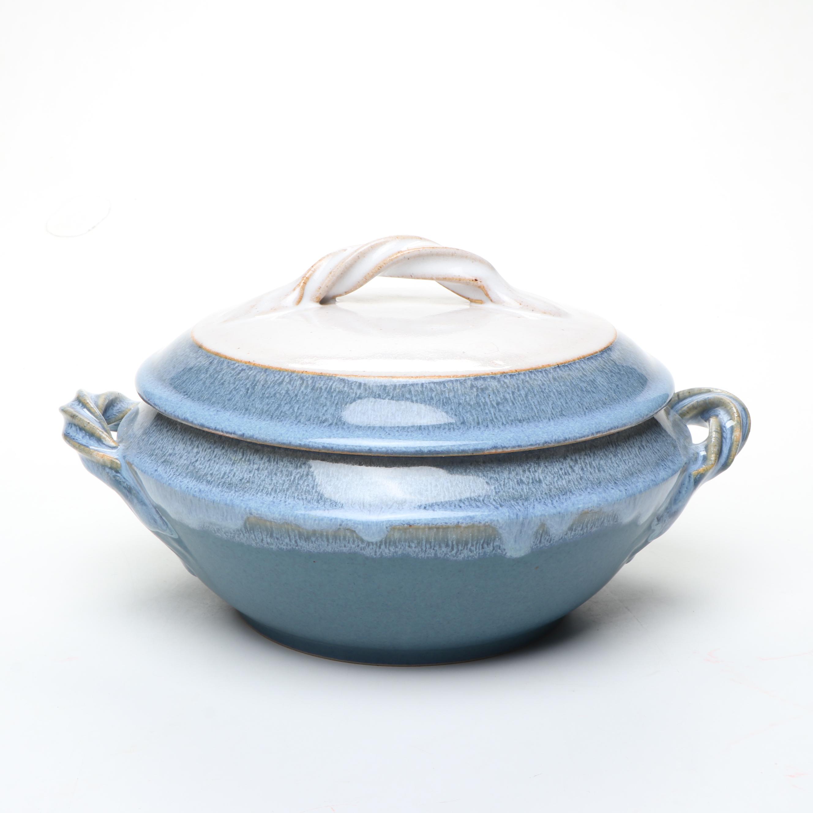 Blue Salt Glazed Stoneware Tureen with Italian Majolica Decorative Bowl