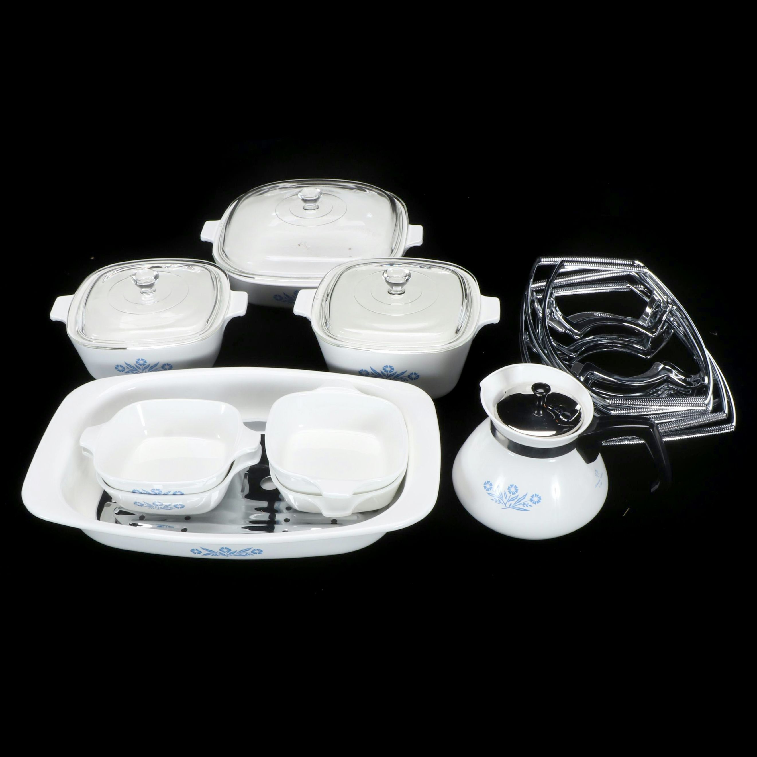 Corning Ware "Cornflower Blue" Casserole Dishes with Trivets and Coffee Pot