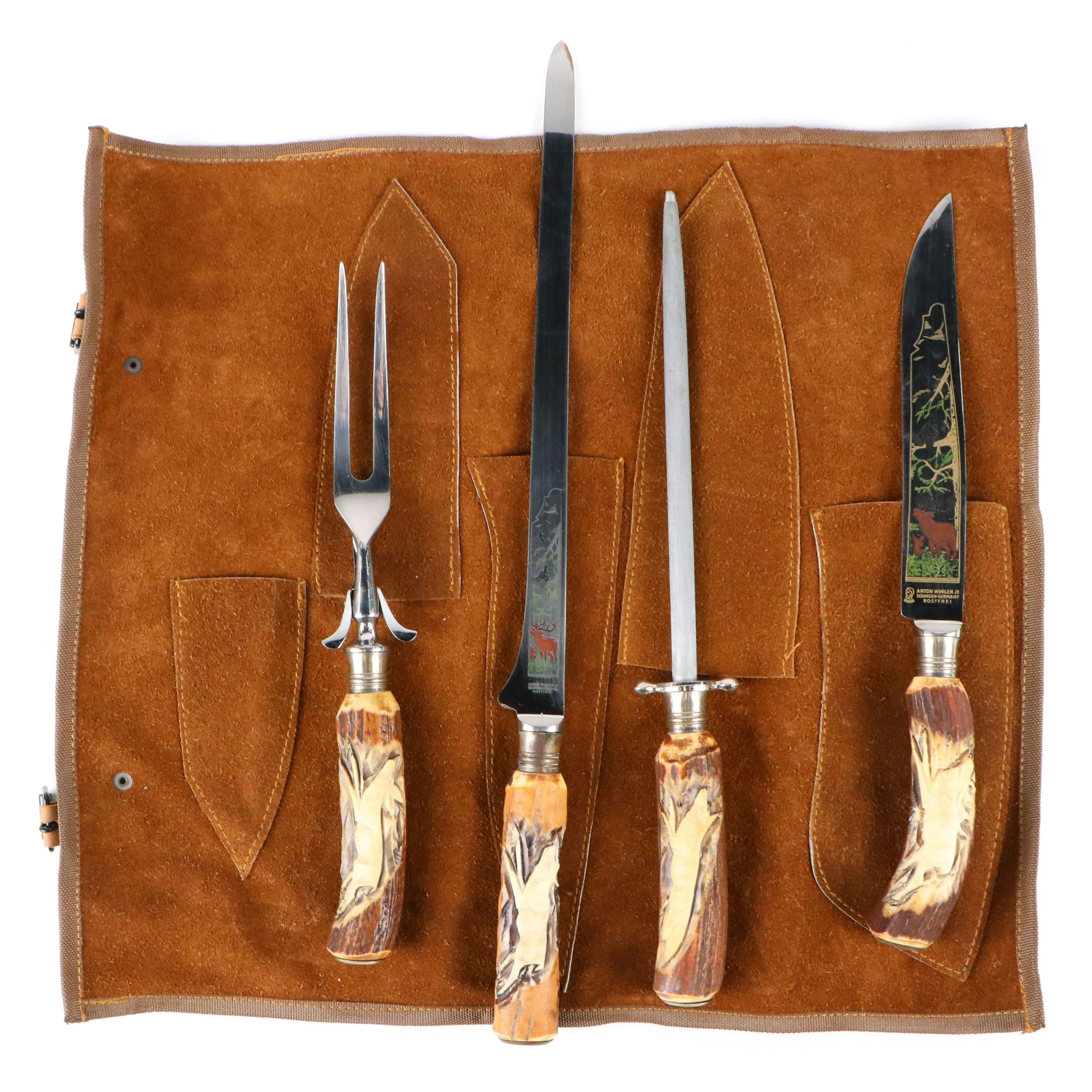 Anton Wingen Jr. German Stainless and Faux Antler Handled Carving Set