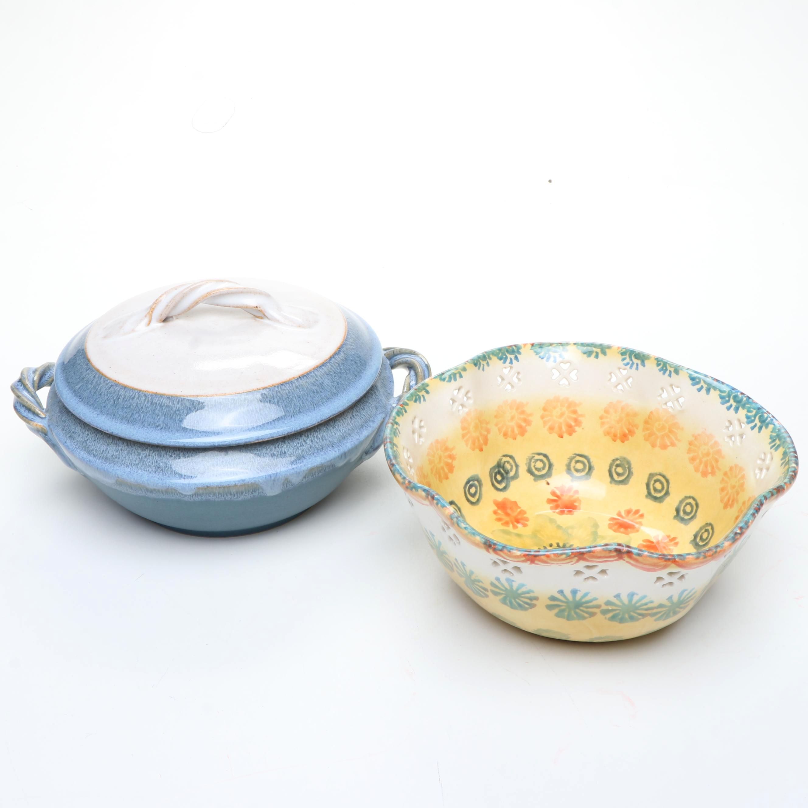 Blue Salt Glazed Stoneware Tureen with Italian Majolica Decorative Bowl