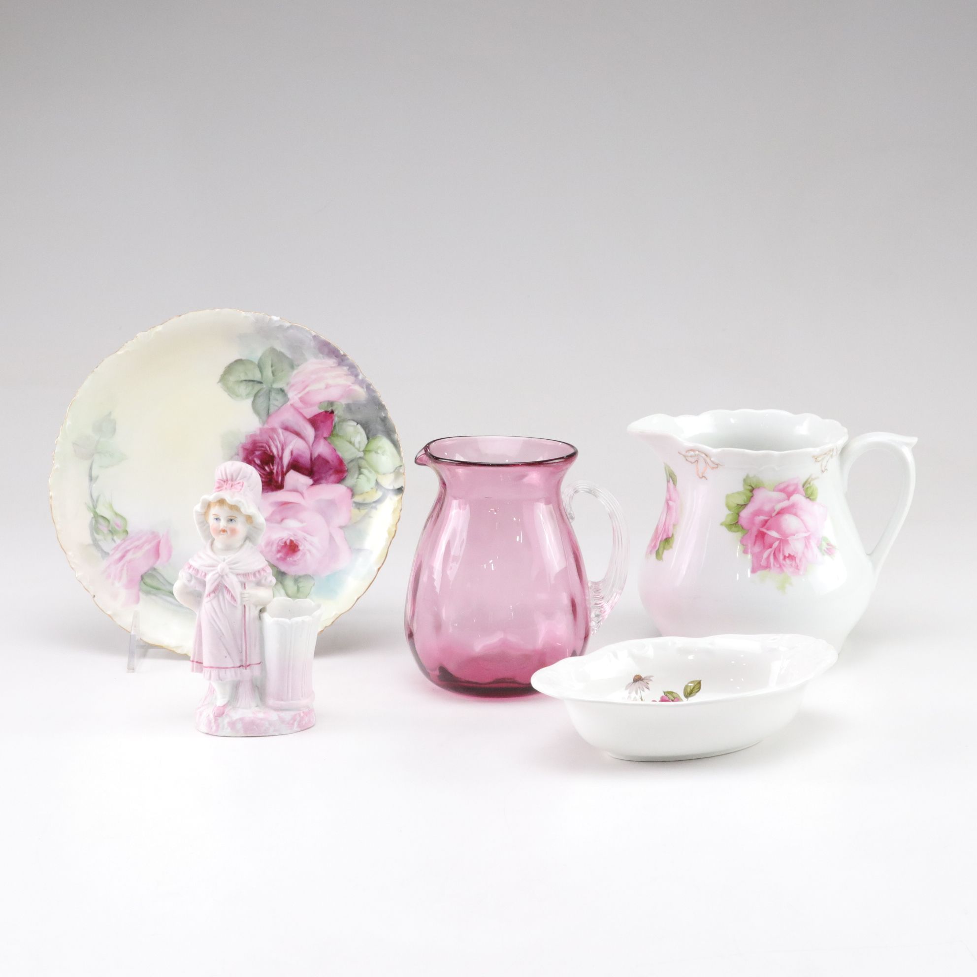 Cranberry Blown Glass Pitcher with Other Dishware & Figurine
