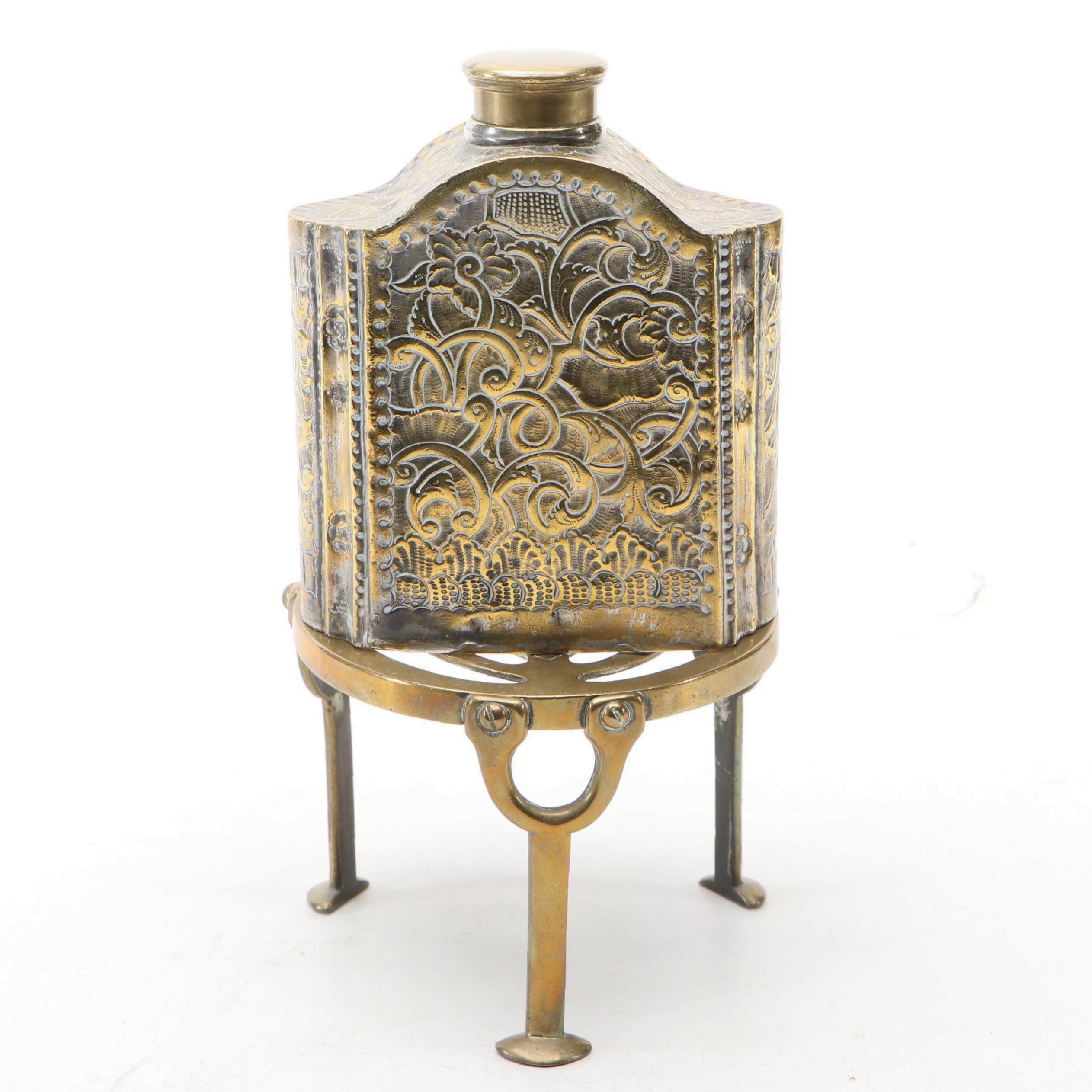 W. Tonks & Sons English Brass Kettle Stand with Chased Foliate Brass Decanter