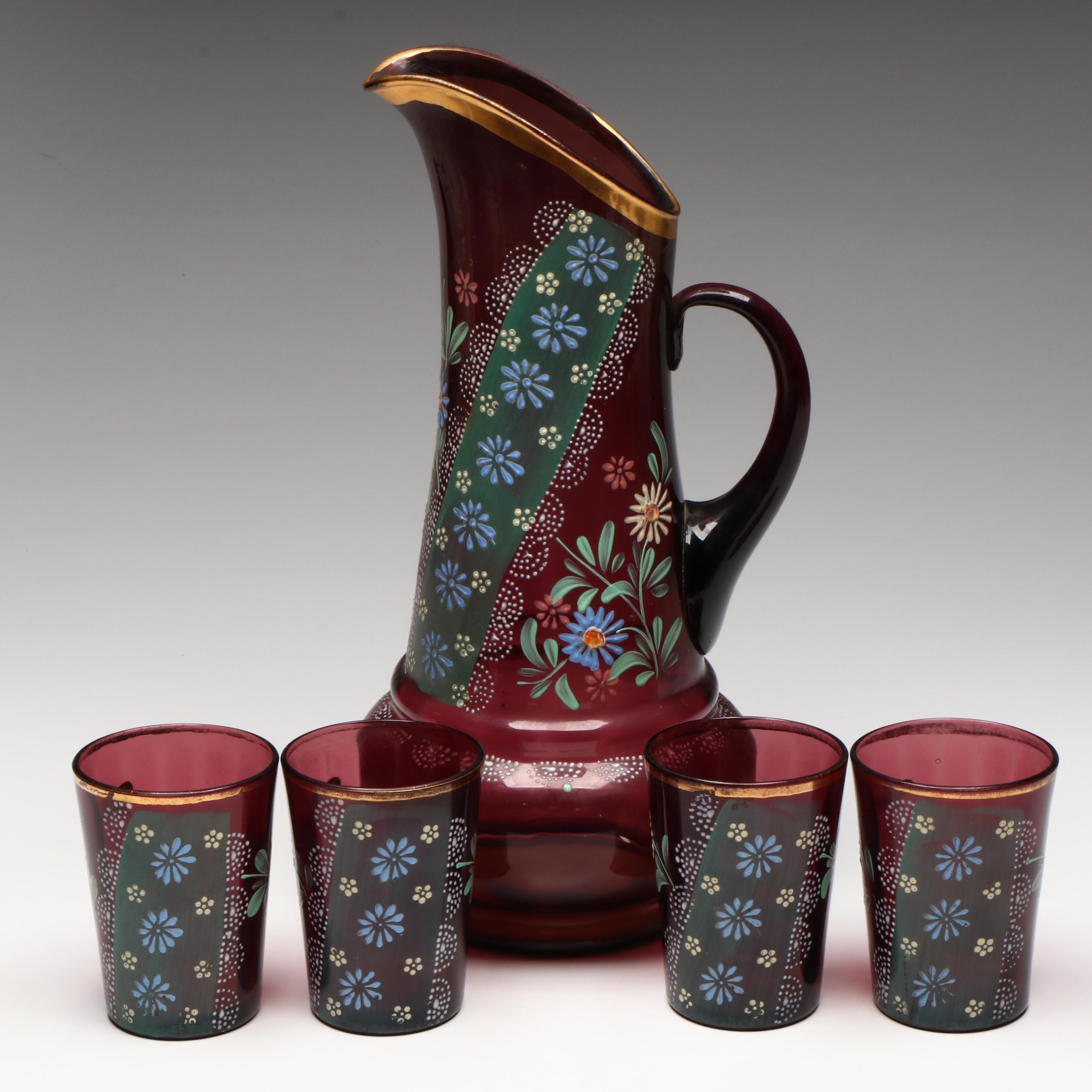 Hand-Painted Gilt Floral Purple Glass Pitcher with Tumblers