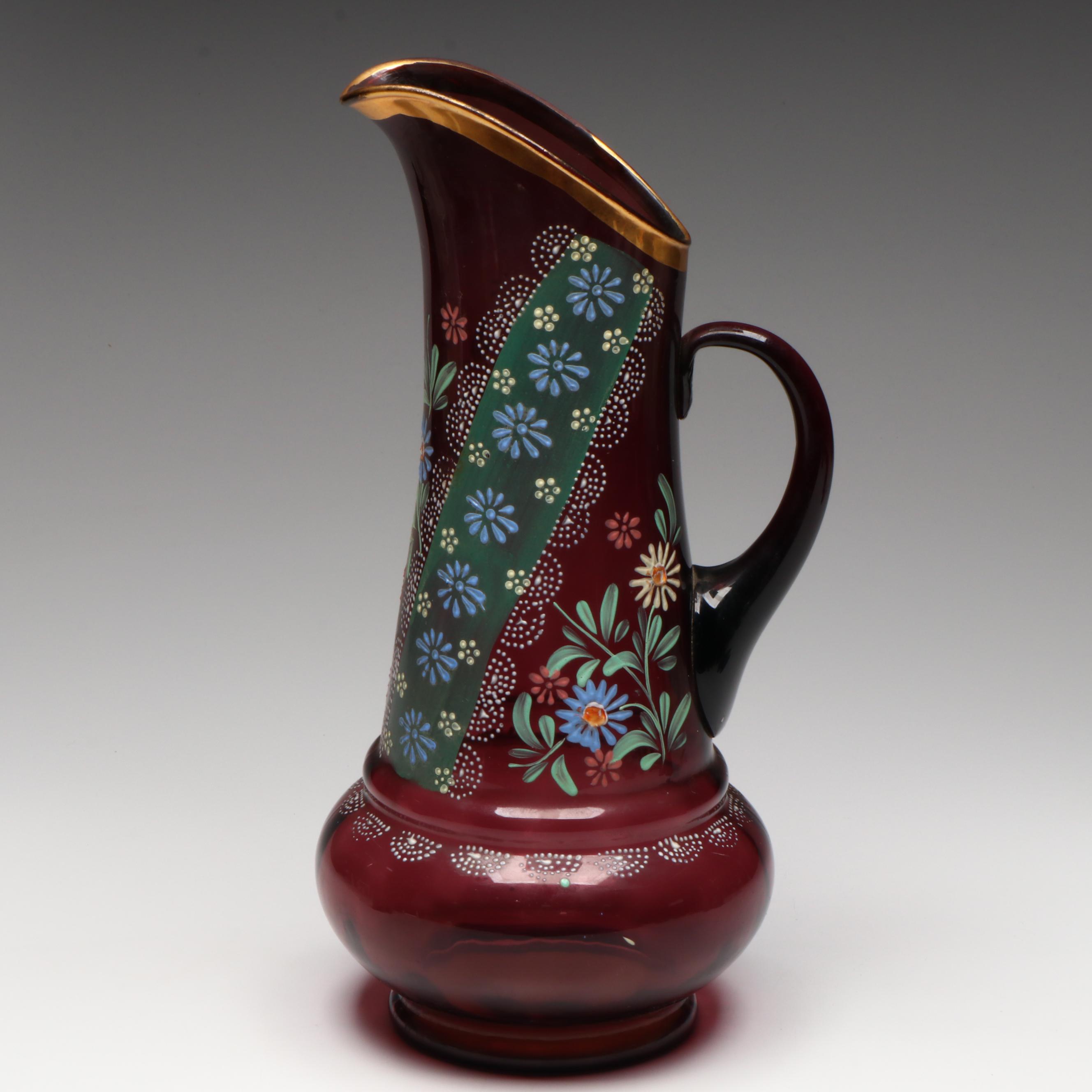 Hand-Painted Gilt Floral Purple Glass Pitcher with Tumblers