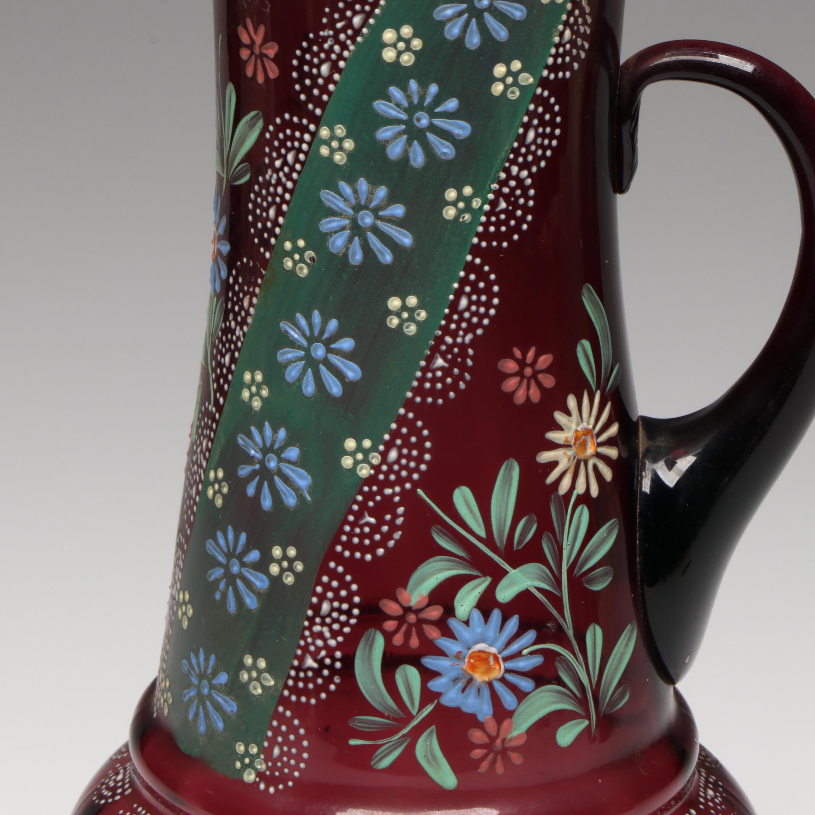 Hand-Painted Gilt Floral Purple Glass Pitcher with Tumblers