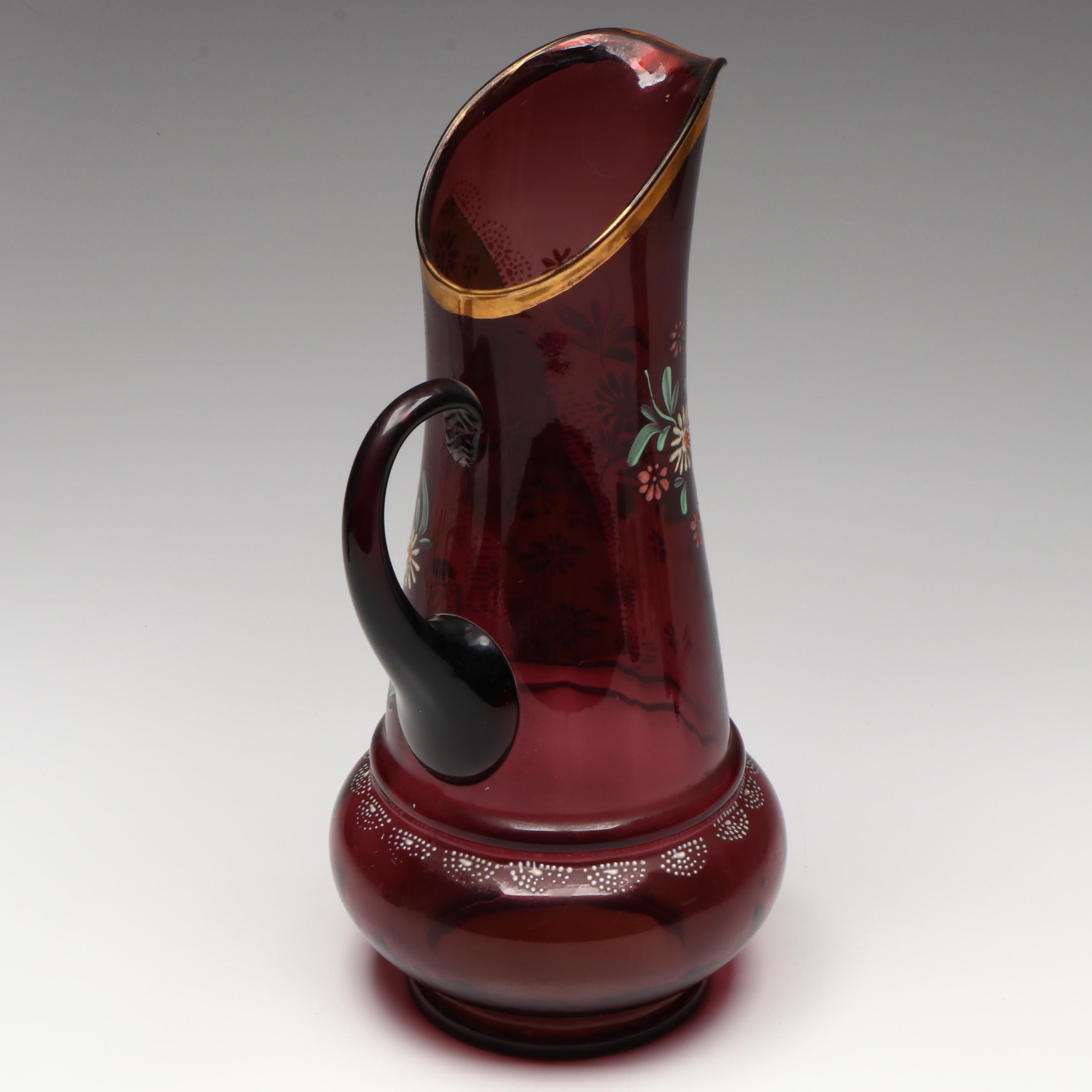 Hand-Painted Gilt Floral Purple Glass Pitcher with Tumblers