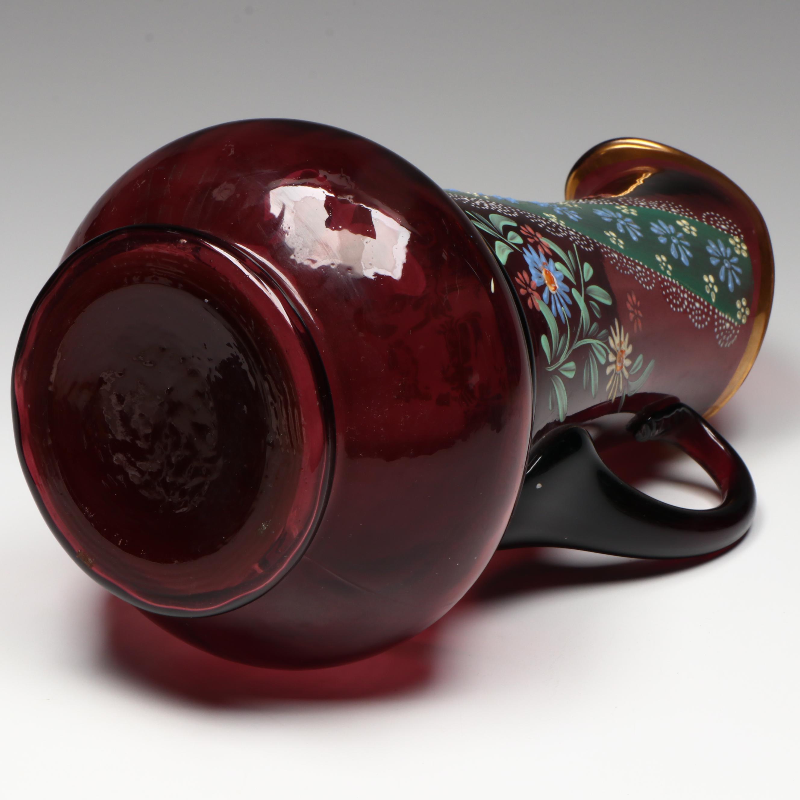 Hand-Painted Gilt Floral Purple Glass Pitcher with Tumblers