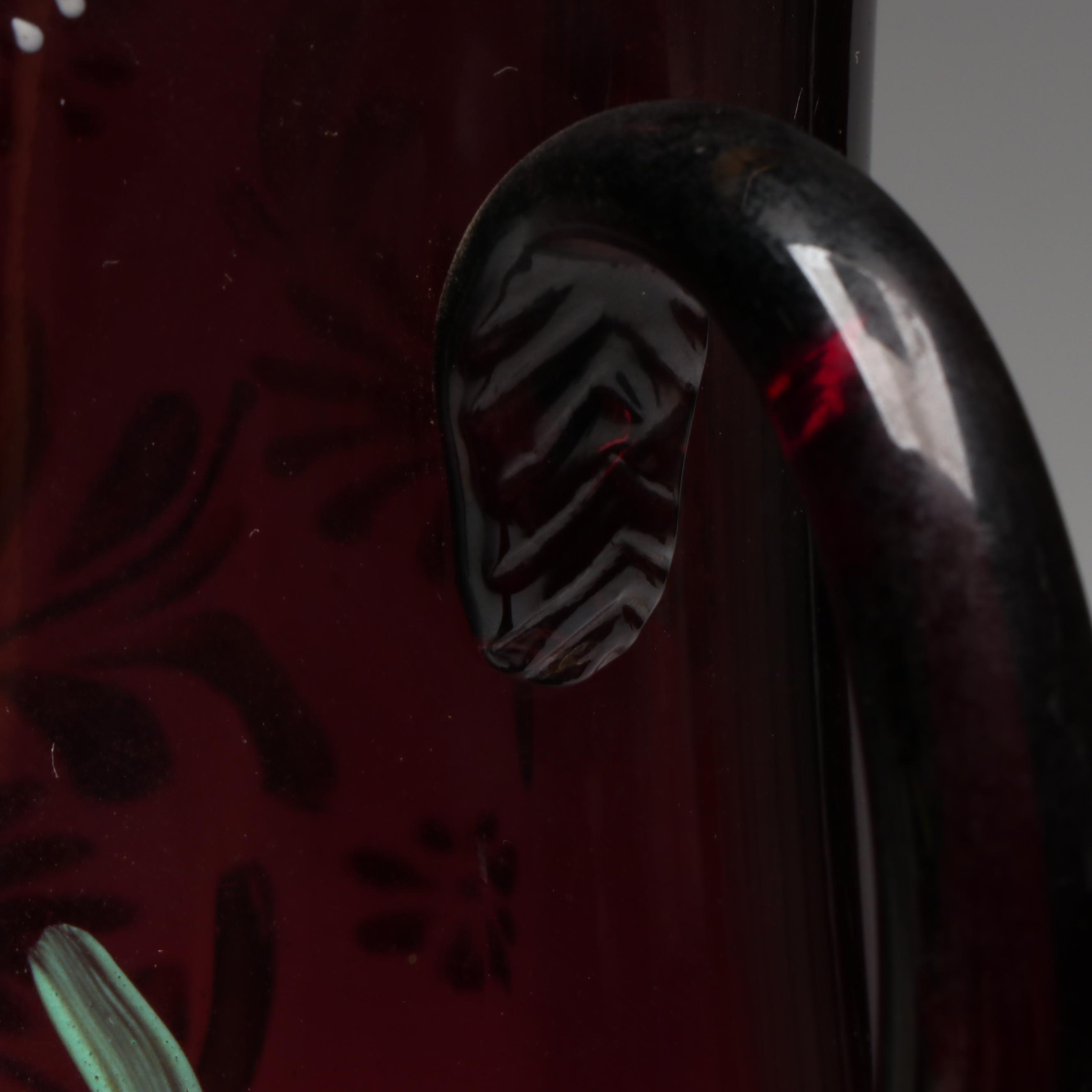 Hand-Painted Gilt Floral Purple Glass Pitcher with Tumblers