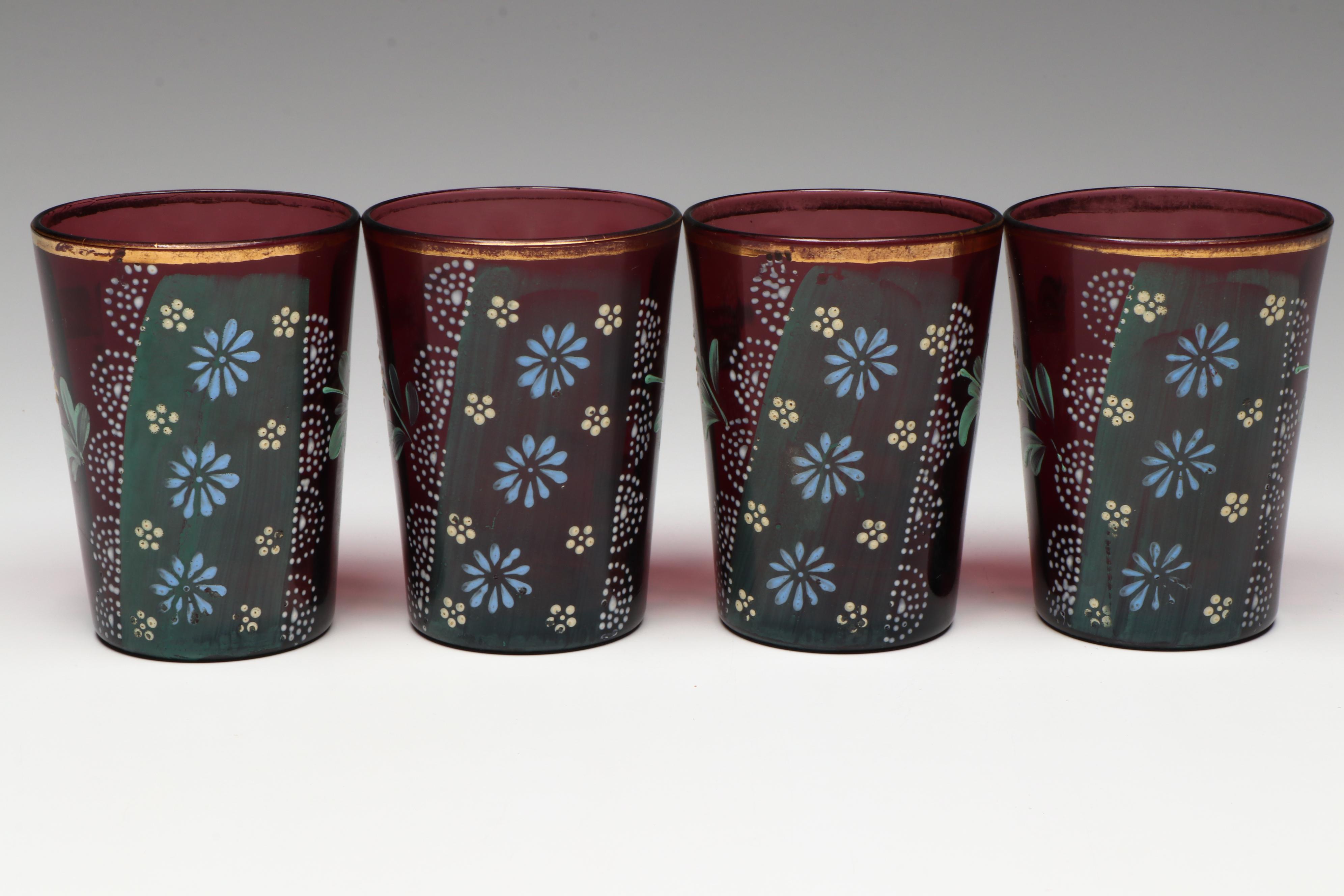 Hand-Painted Gilt Floral Purple Glass Pitcher with Tumblers