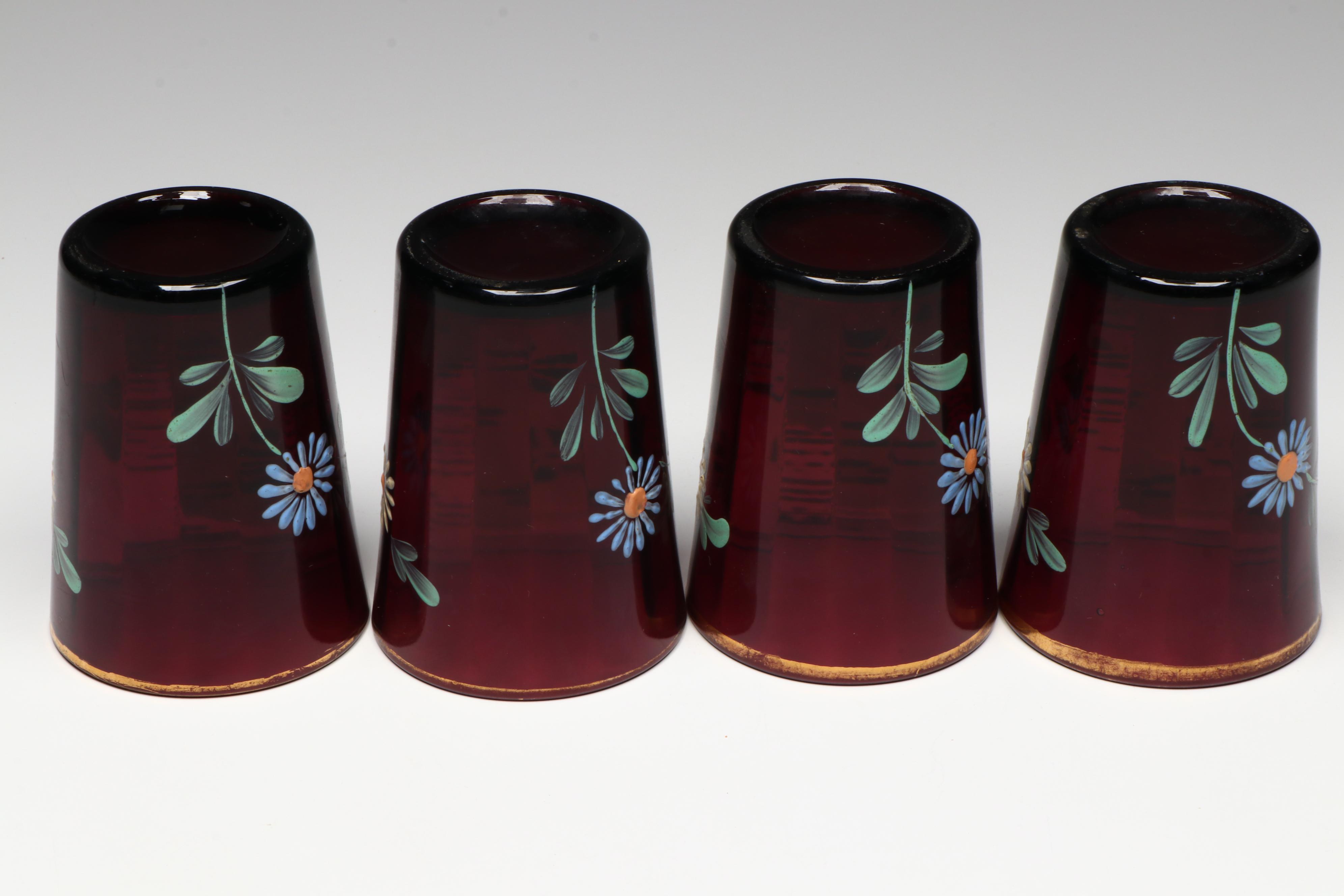 Hand-Painted Gilt Floral Purple Glass Pitcher with Tumblers