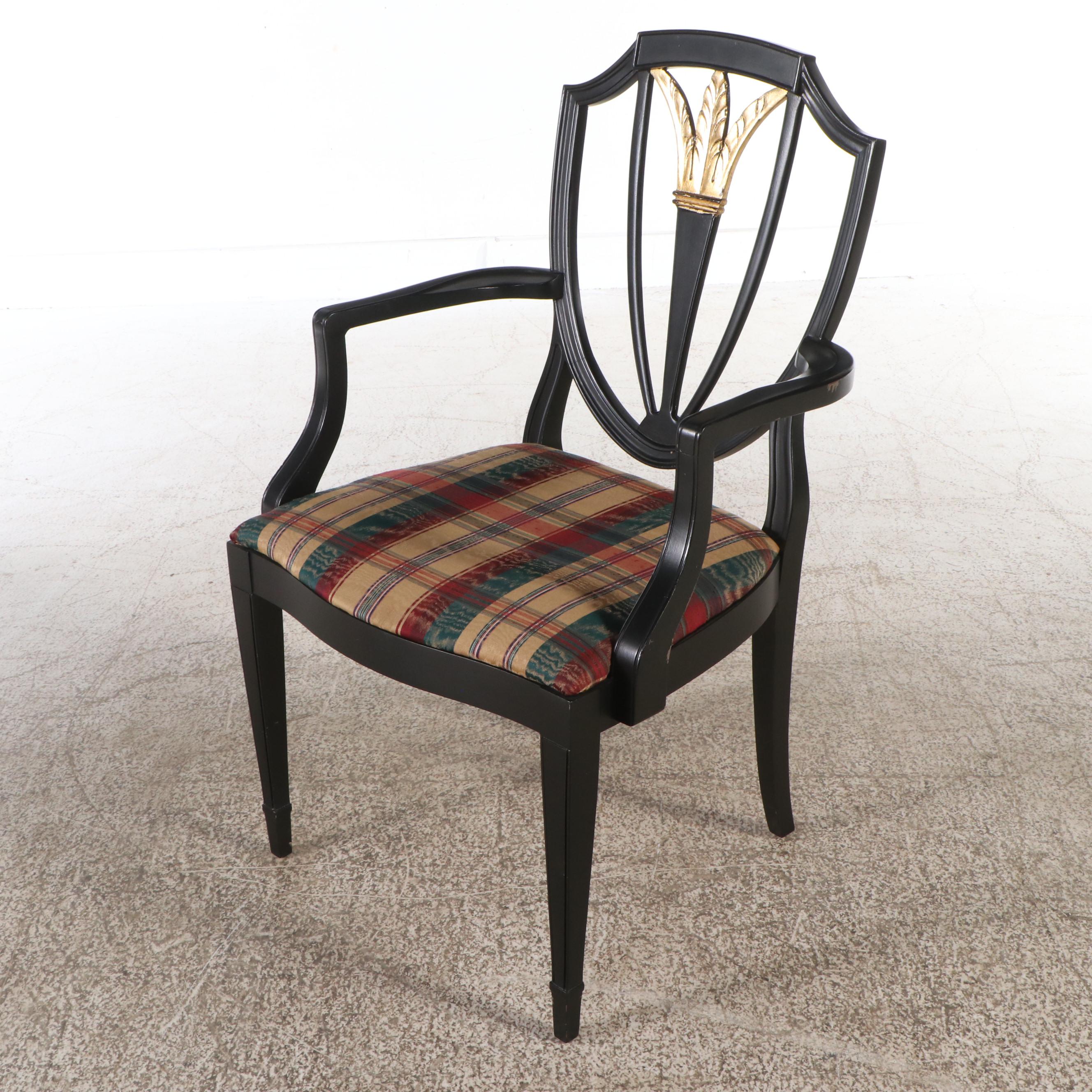 Sheraton Style Gilt-Accented Black-Painted Wood Shield-Back Armchair, 20th C.