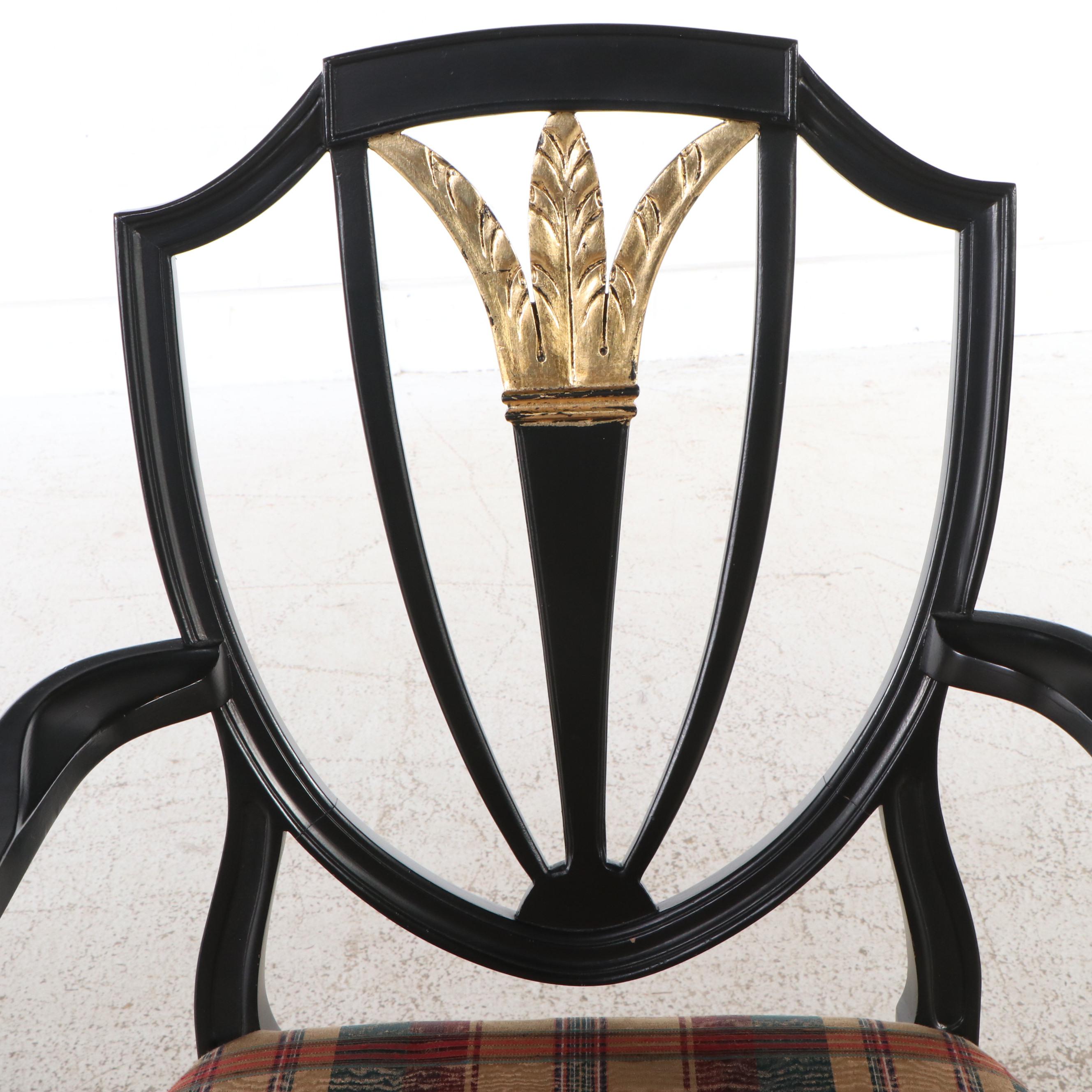Sheraton Style Gilt-Accented Black-Painted Wood Shield-Back Armchair, 20th C.