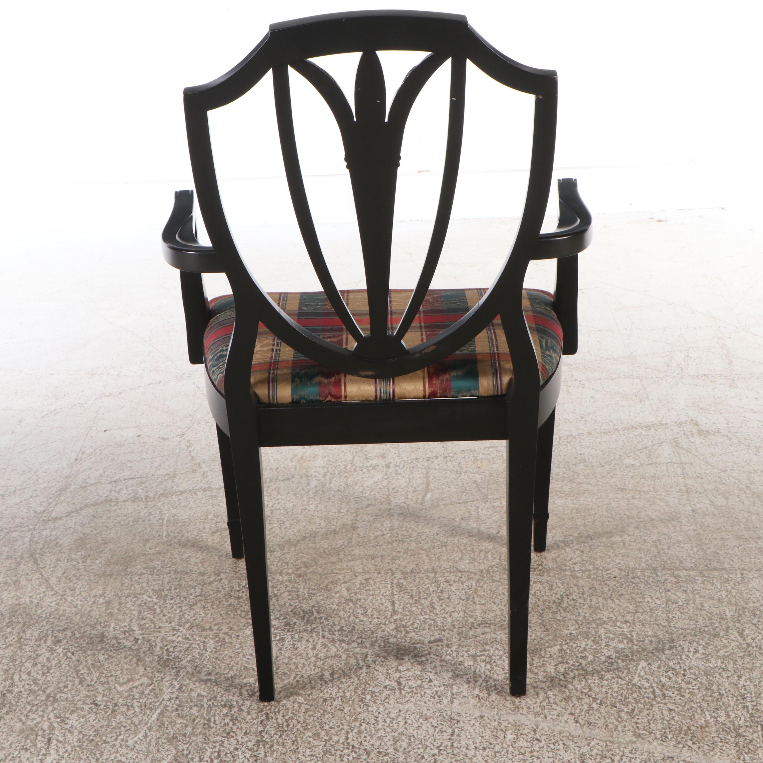 Sheraton Style Gilt-Accented Black-Painted Wood Shield-Back Armchair, 20th C.