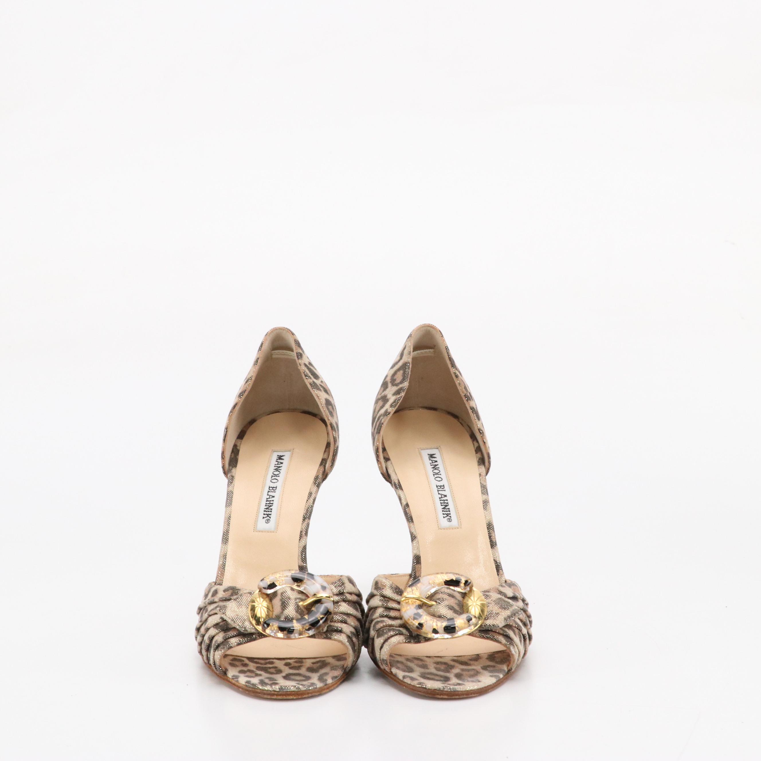 Manolo Blahnik Buckle Strap Peep-Toe D'Orsay Pumps in Leopard Print Suede