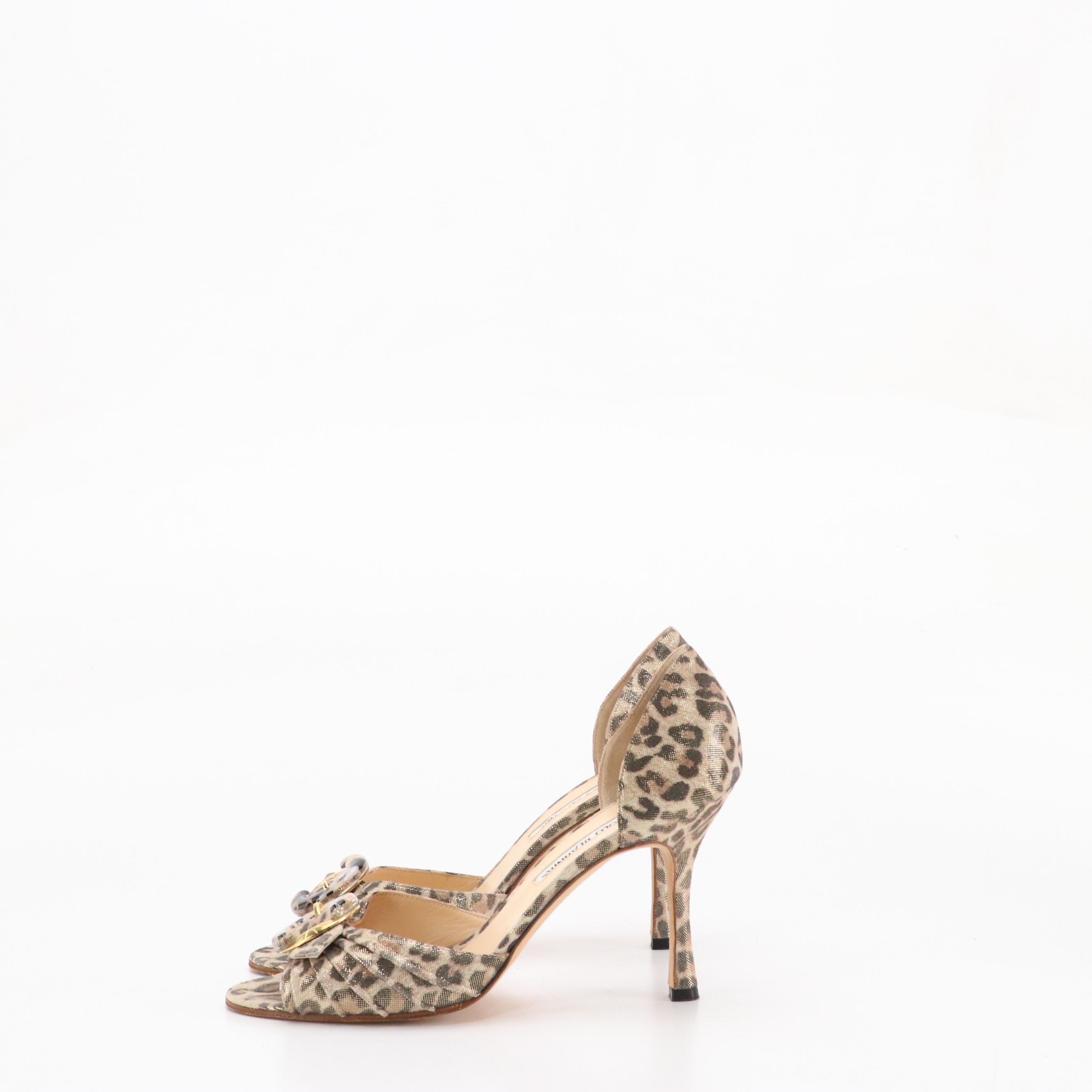 Manolo Blahnik Buckle Strap Peep-Toe D'Orsay Pumps in Leopard Print Suede