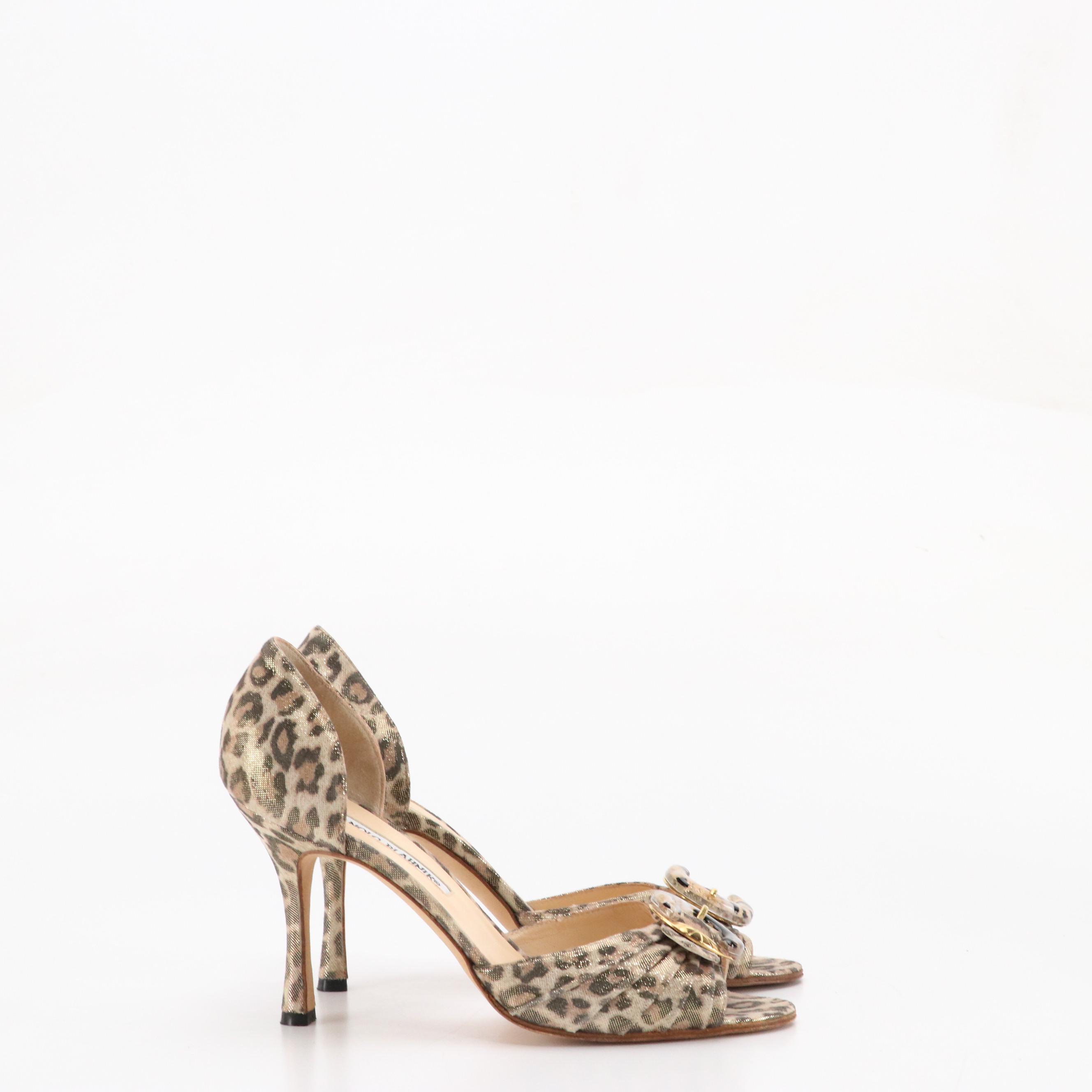 Manolo Blahnik Buckle Strap Peep-Toe D'Orsay Pumps in Leopard Print Suede