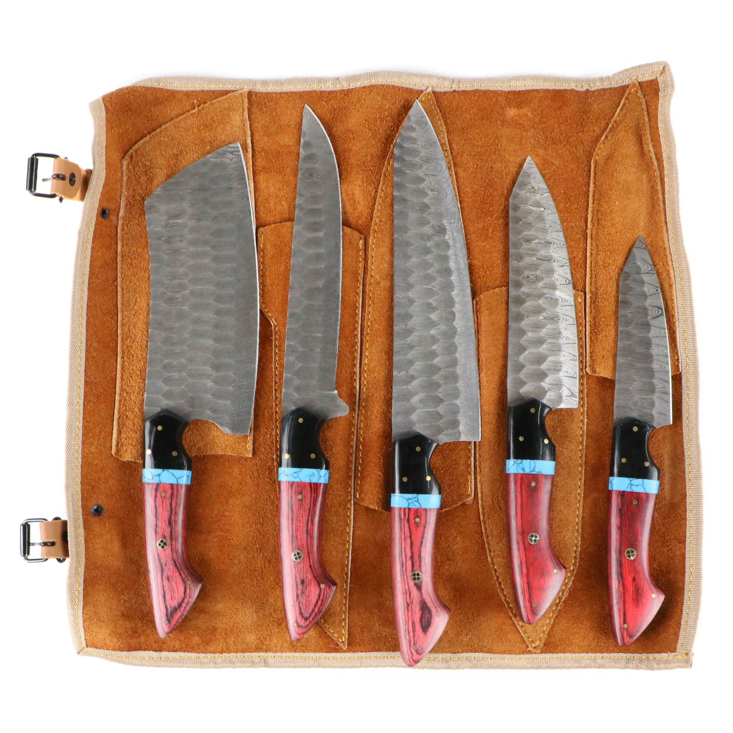 Damascus Steel and Wooden Handled Chef's Knife Set in Suede Leather Roll