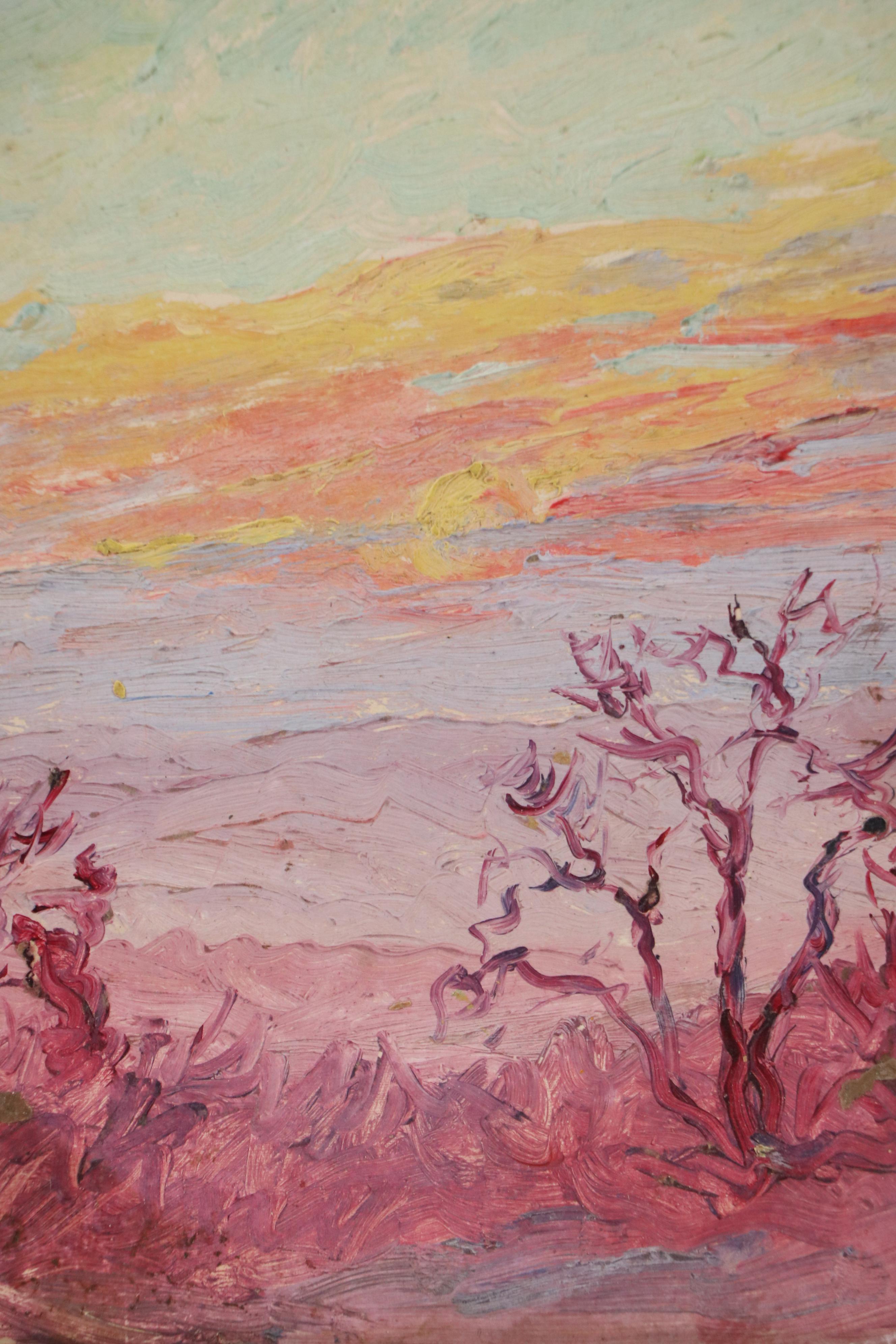 Attributed to Jeanne Reimbolte Sunset Landscape Oil Painting, Circa 1940